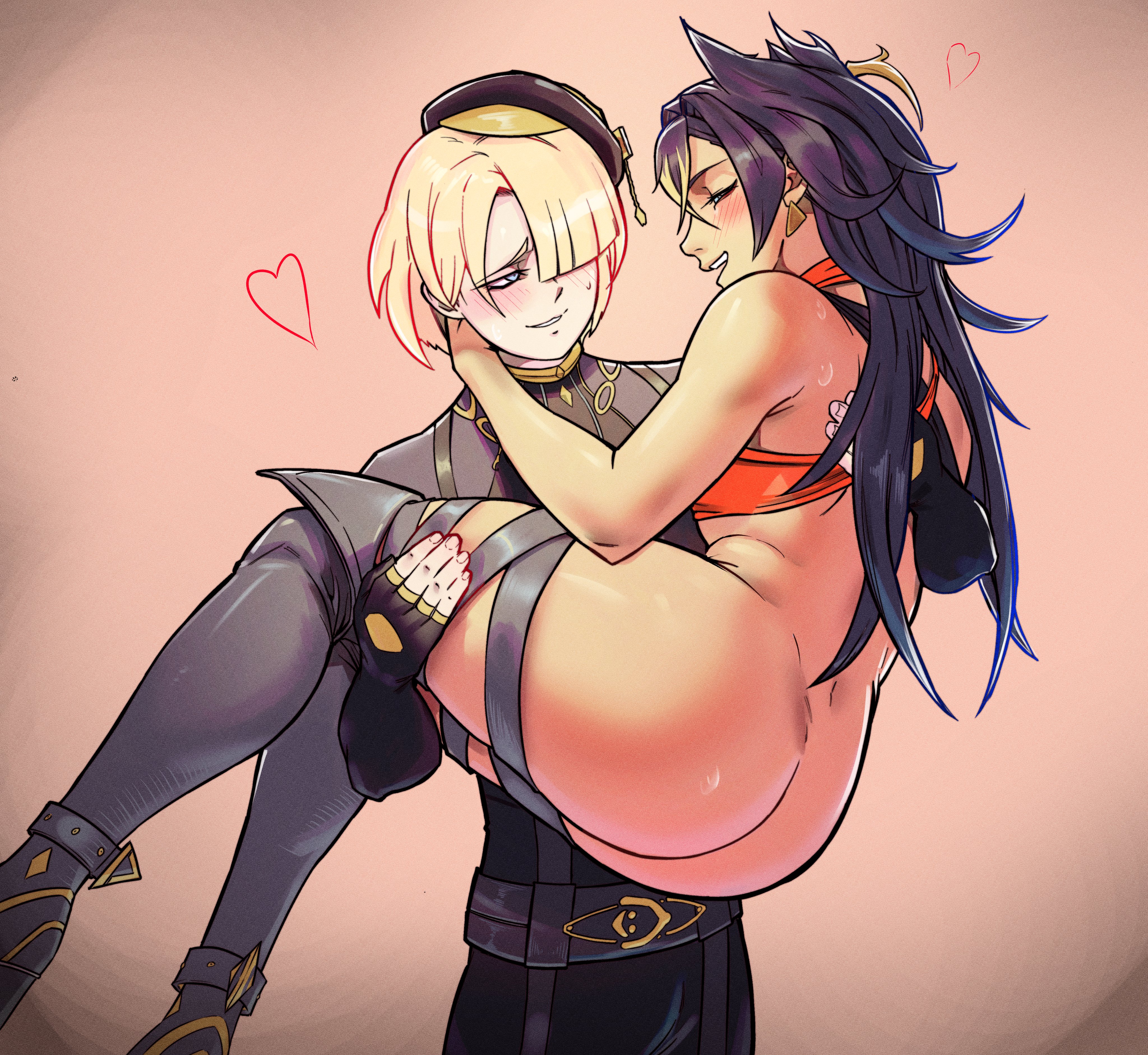 1boy, 1boy1girl, ass, bare ass, carrying, carrying partner, crackship, dehya (genshin impact), female, franicman, freminet (genshin impact), genshin impact, princess carry, straight, tagme