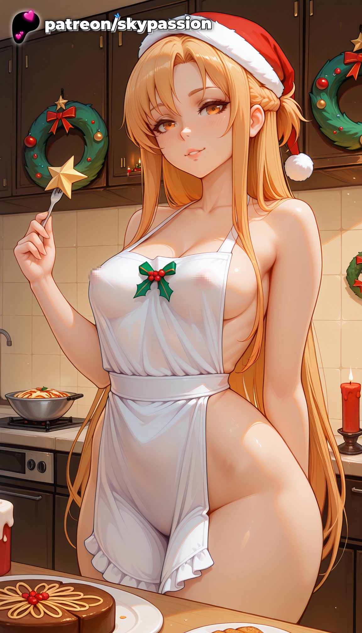 1girls, 2025, ai assisted, ai generated, anime, artist name, asuna (sao), blonde hair, breasts, bust, christmas, christmas ornaments, collarbone, covered nipples, egg, explicit, fireplace, frying pan, fur trim, gift, gift box, hat, hi res, high quality, high resolution, highres, holding plate, long hair, merry christmas, patreon, patreon username, see-through, skypassion, solo, stable diffusion, sword art online, sword art online: alicization, watermark, yuuki asuna