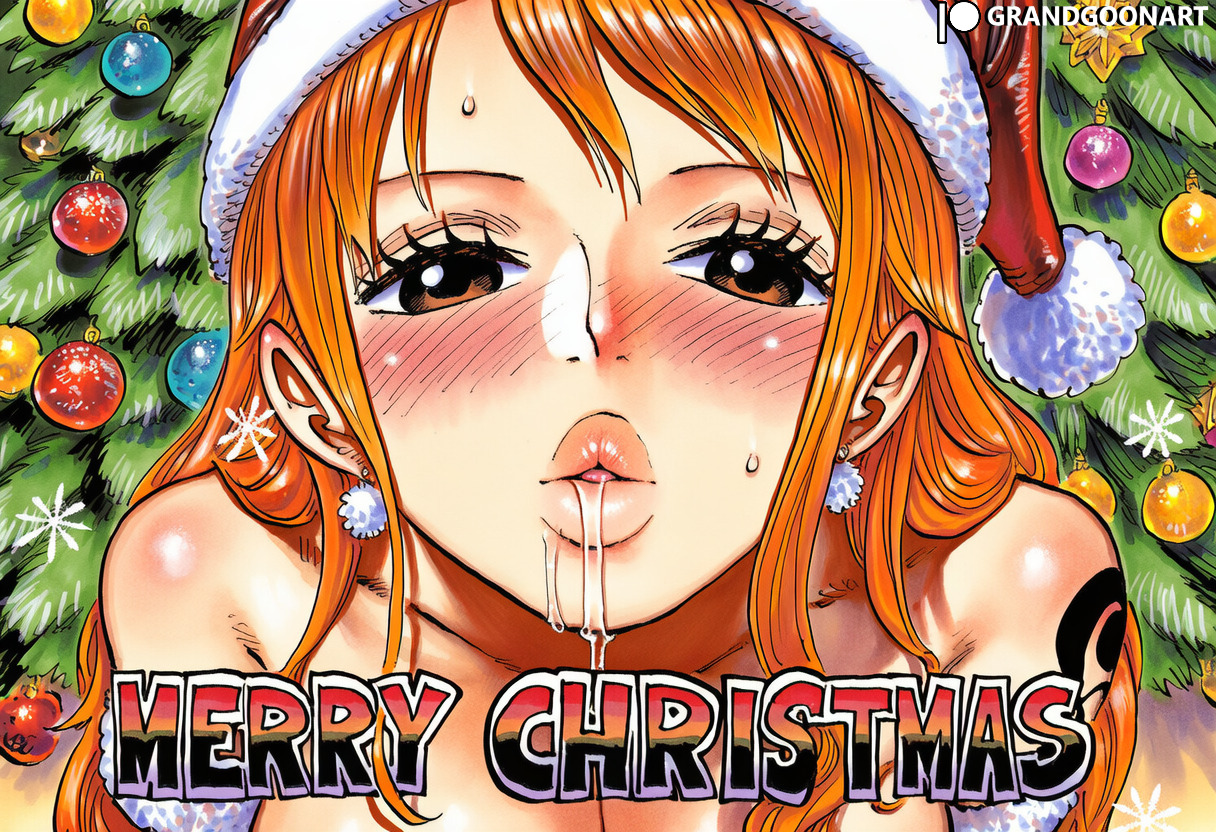 1girls, accurate art style, ai generated, arm tattoo, big breasts, black tattoo, breasts, christmas, christmas clothing, christmas outfit, christmas present, female, female focus, female only, grandgoonart, holidays, juicy lips, kissing, lips, lipstick, manga, manga cover, manga page, manga style, nami (one piece), one piece, orange hair, orange-haired female, patreon, patreon username, saliva, santa costume, santa hat, shonen jump, solo, solo female, solo focus, tattoo