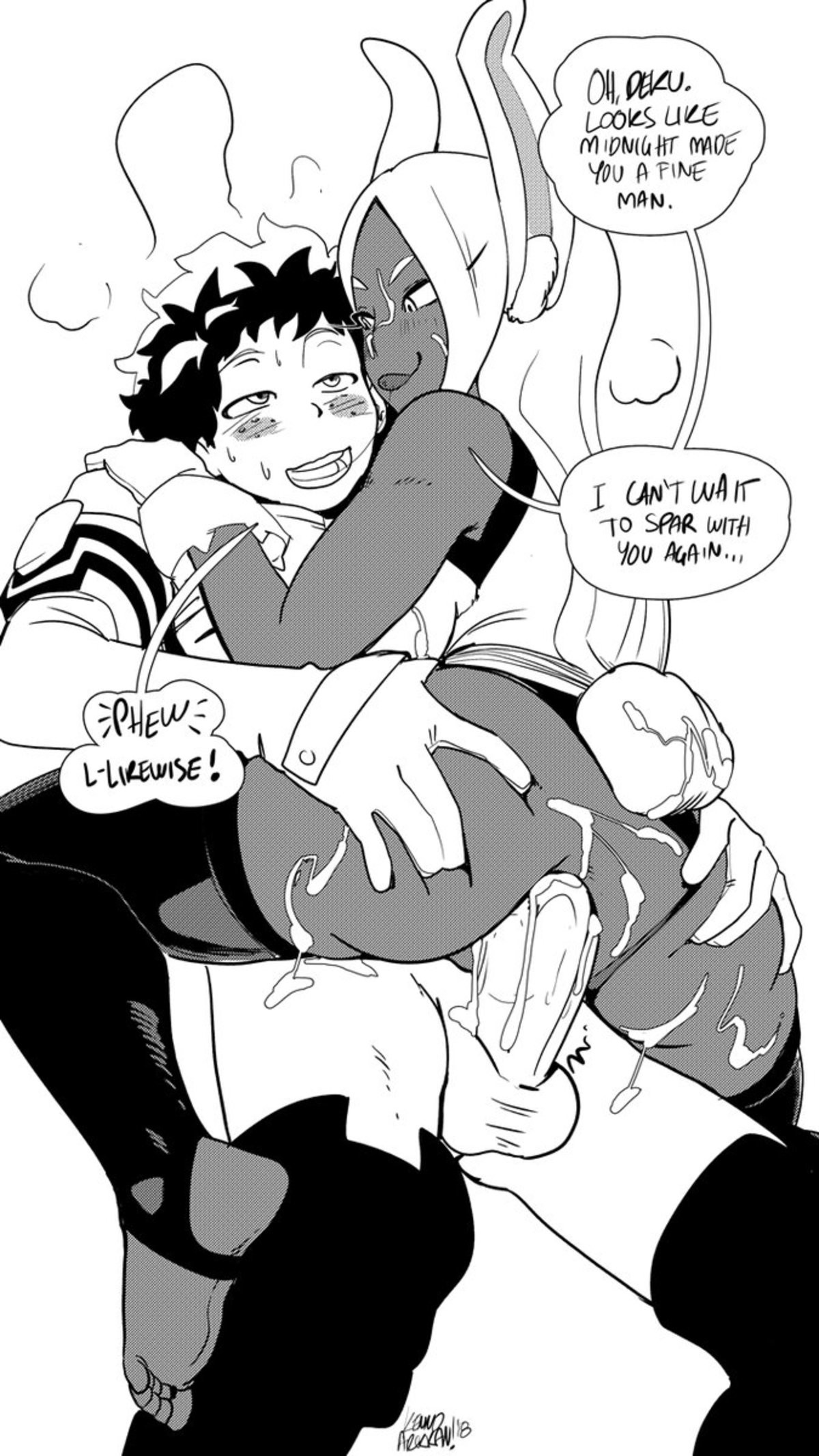 1boy, 1girls, after sex, ass, ass grab, balls, big ass, big penis, blush, blush stickers, blushing, bunny ears, bunny girl, cum in ass, dark skin, feet, female, gloves, izuku midoriya, kenno arkkan, male, miruko, monochrome, my hero academia, penis, rumi usagiyama, size difference, stirrup legwear, stirrup socks, stirrup thighhighs, white hair