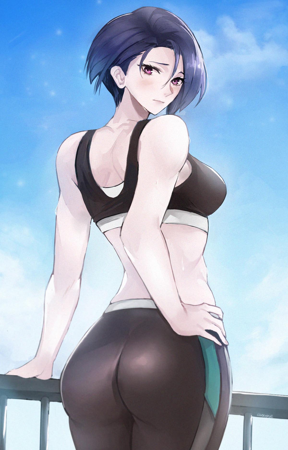 1girls alternate_costume ass asymmetrical_hair big_ass blue_hair blue_sky blush cloud cowboy_shot female fire_emblem fire_emblem:_three_houses fully_clothed hand_on_hip highres looking_at_viewer nintendo purple_eyes railing shamir_nevrand short_hair sky solo solo_female sports_bra tommietomm tommy_(kingdukeee)