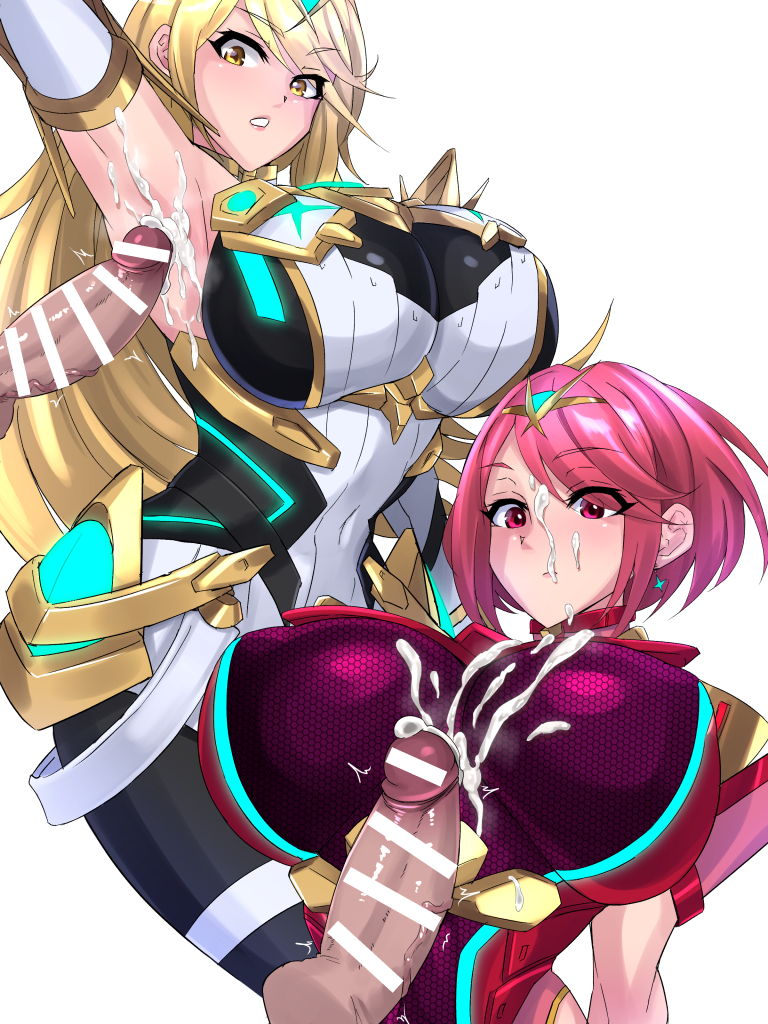2boys, 2girls, armpit fetish, armpit sex, armpits, breasts, censored, clothed, cum, cum on armpit, cum on breasts, cum on face, cumming from armpit sex, cumshot, ejaculation, female, huge breasts, male, mythra, penis, pyra, shiva (tairakuten), surprised, tagme, xenoblade (series), xenoblade chronicles 2