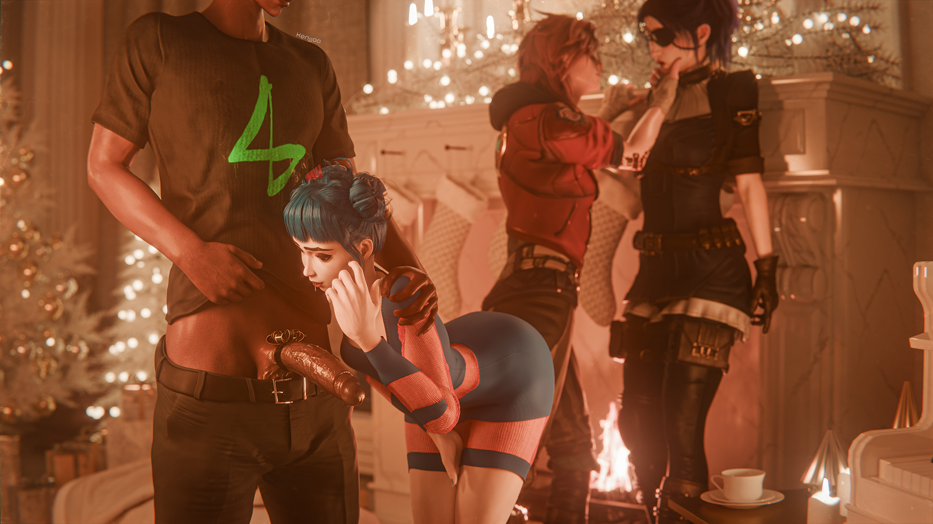 1boy, 3d, 3girls, arcane, arcane caitlyn, arcane ekko, arcane jinx, arcane vi, blender, blender (artwork), blender (software), blender cycles, bow ribbon, caitlyn kiramman, christmas lights, christmas tree, clothed, drooling, ekko, female, fit, fit female, fit male, gift wrapped, jinx (league of legends), kenjjoo, league of legends, male, multiple girls, patreon, penis, penis out, powder (arcane), riot games, saliva, saliva drip, saliva on penis, saliva string, saliva trail, self upload, veiny penis, vi, wet, wet penis, yuri