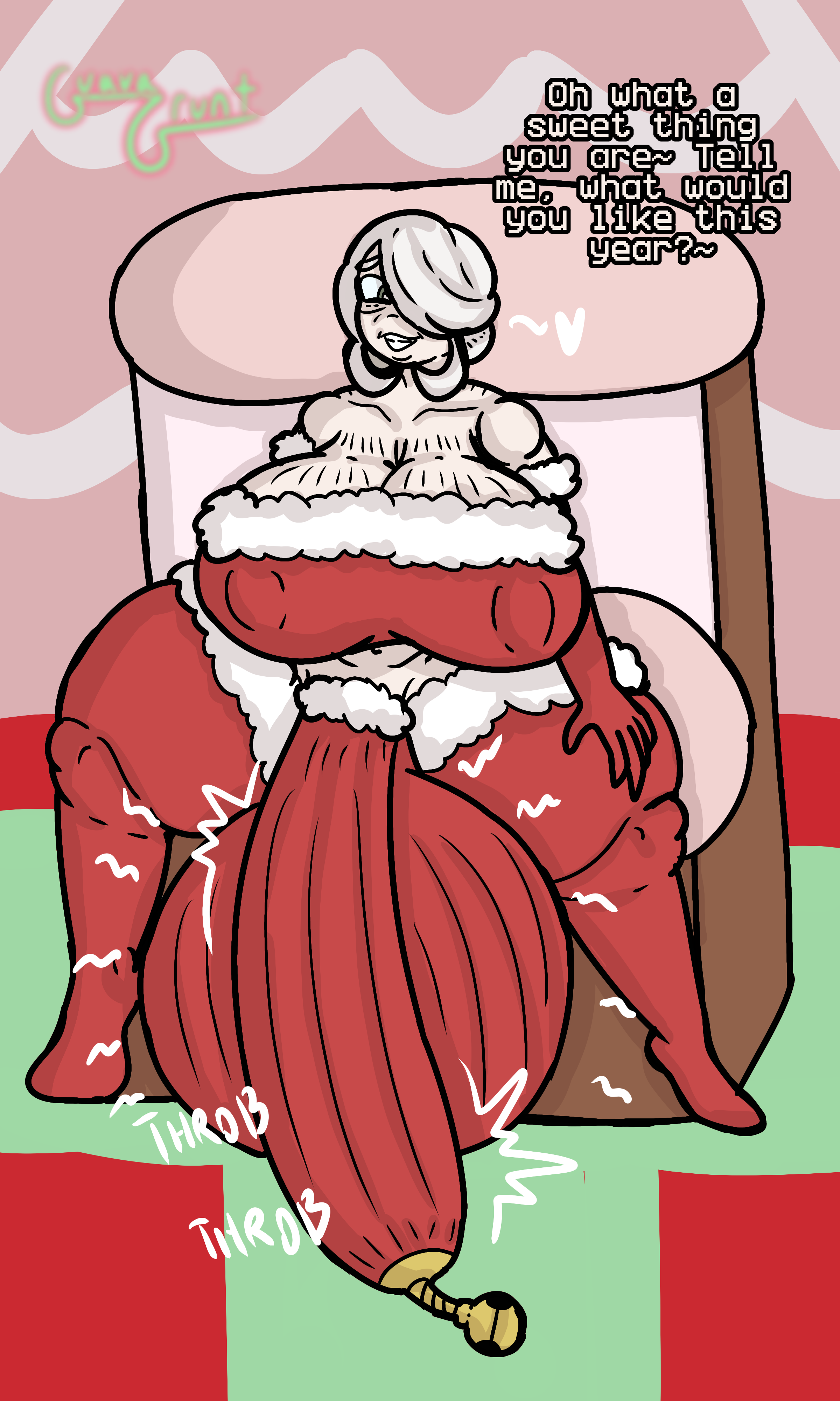 1futa, 2d, arm gloves, bell, big ass, big balls, big breasts, big penis, brown eyes, chair, christmas, christmas outfit, cock sleeve, cock sleeve (clothes), cogita (pokemon), cogito (pokemon), dialogue, english text, futa focus, futa only, futanari, gilf, grin, guavagrunt, hair over one eye, hand on thigh, holidays, huge ass, huge balls, huge breasts, huge cock, jingle bell, looking at another, looking at viewer, mature, mature female, mature futa, mostly clothed, mostly clothed futa, nipples visible through clothing, old lady, older female, older futa, pokemon, pokemon legends: arceus, pov, sagging breasts, sfx, simple background, sitting, speech, spread legs, text, thick thighs, thighhighs, thighs, throbbing penis, throne, white hair, writing
