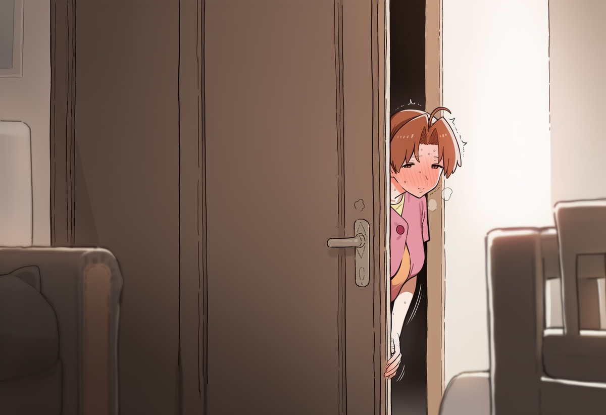 ai generated, cheating, cheating female, cheating girlfriend, cuckold, cuckold pov, cuckolding, delia ketchum (pokemon), door, doorway, hidden sex, implied sex, looking at viewer, netorare, ntr, pokemon, stealth, stealth sex, tagme