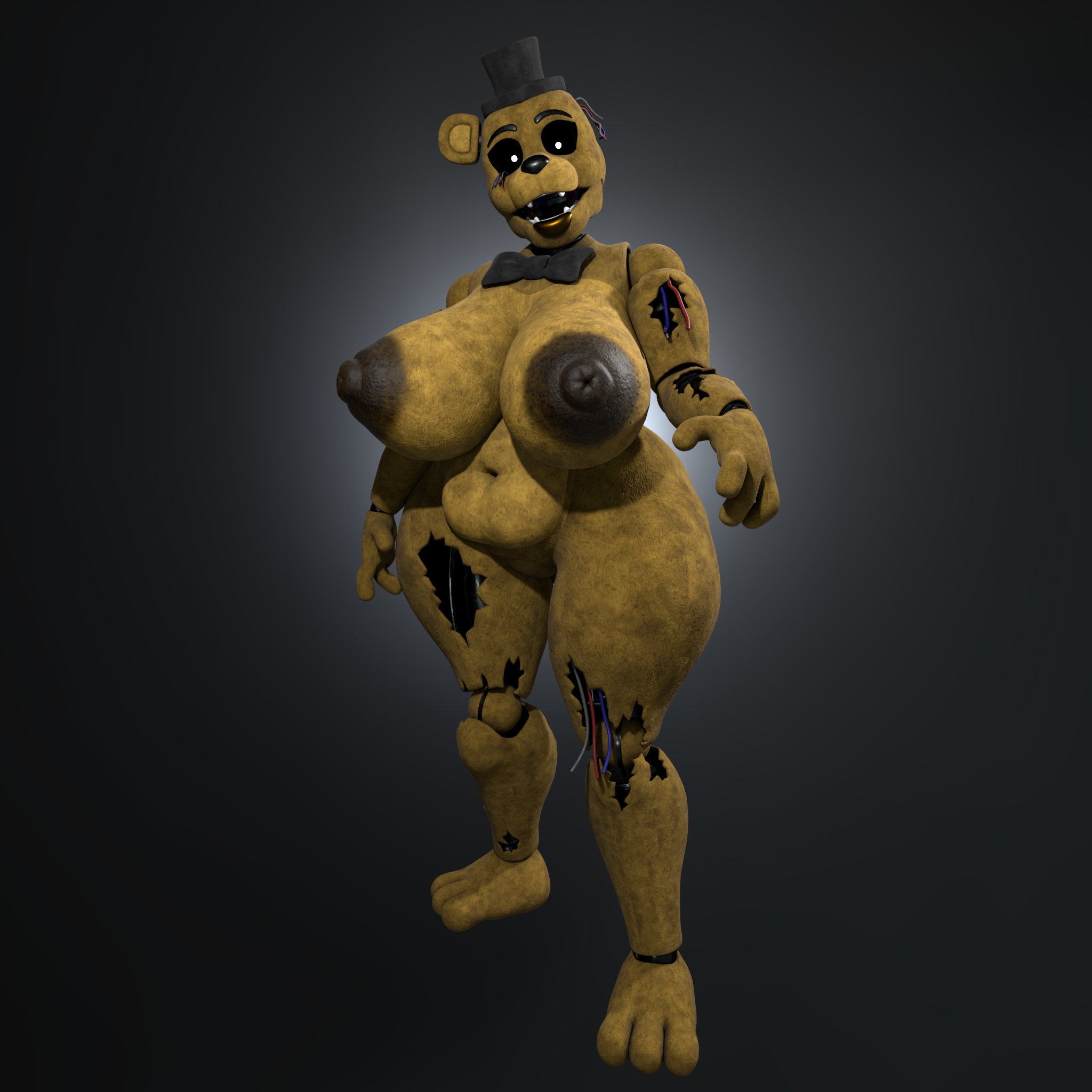 1:1, 3 toes, 3d (artwork), animatronic, anthro, areola, bear, belly overhang, big areola, big breasts, big nipples, black lips, bow tie, breasts, brown areola, brown nipples, clothing, dark areola, dark nipples, digital media (artwork), feet, female, five nights at freddy's, five nights at freddy's 2, full-length portrait, glowing, glowing eyes, golden freddy (fnaf), golden freddy (octal), gradient background, hat, headgear, headwear, hi res, huge areola, huge breasts, lips, looking at viewer, machine, mammal, mtf crossgender, nipples, octal, octal (modeler), open mouth, overweight, overweight anthro, overweight female, portrait, puffy nipples, robot, robot anthro, rule 63, scottgames, sharp teeth, simple background, solo, teeth, thick thighs, toes, top hat, wide hips, wire, withered golden faizah, withered golden freddy (fnaf), yellow body