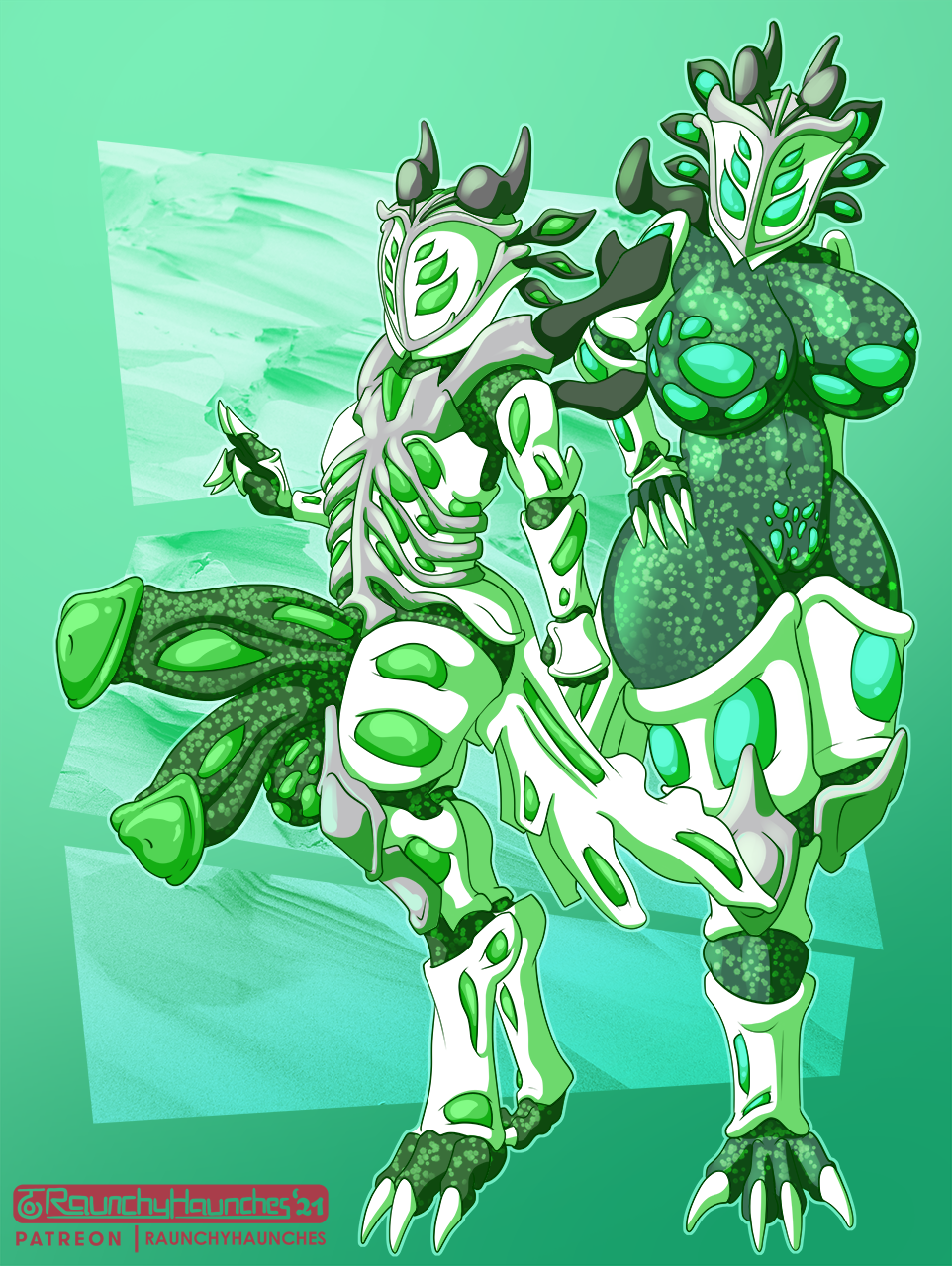 alien anthro armor balls big_balls big_breasts big_penis breasts claws digitigrade exoskeleton fantasy female flared_penis genitals glowing goo_(disambiguation) green_flesh hi_res horn huge_cock ixu male mask monster multi_eye nude penis plateing pussy raunchyhaunches rule_63 shiny_(disambiguation) simple_background standing wide_hips