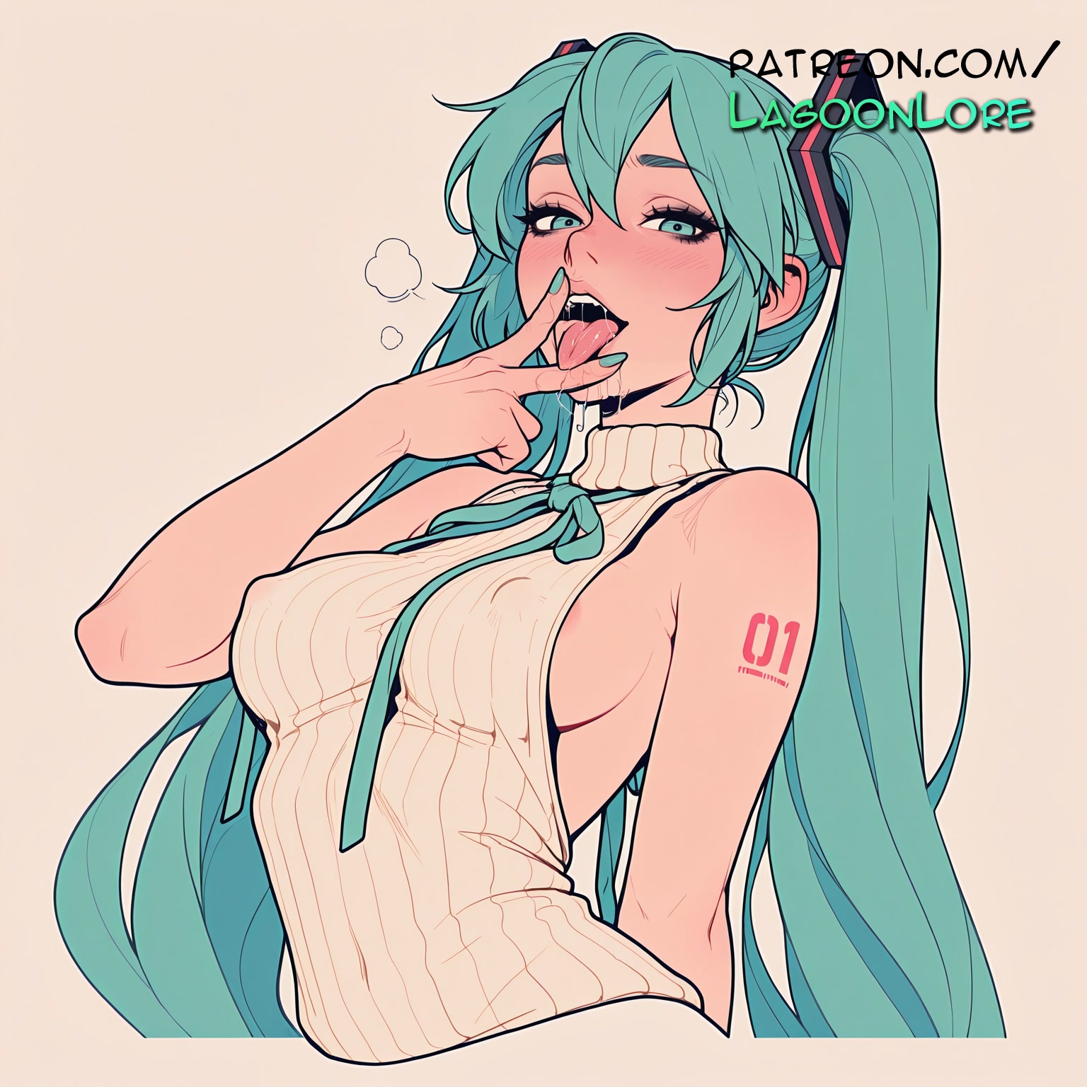 1girl, ai generated, aqua eyes, aqua hair, aqua nails, areola slip, arm tattoo, artist name, average breasts, bare shoulders, blush, body writing, breasts, bust, chest, covered nipples, female, hatsune miku, hi res, highres, lagoonlore, long hair, looking at viewer, medium breasts, meme attire, nail polish, naughty face, no bra, normal breasts, number tattoo, open mouth, patreon, patreon username, ribbed sweater, saliva, saliva trail, shoulder tattoo, sideboob, simple background, sleeveless, solo, sweater, tattoo, teeth, tongue, tongue out, turtleneck, twintails, upper body, v, very long hair, virgin killer sweater, vocaloid, watermark