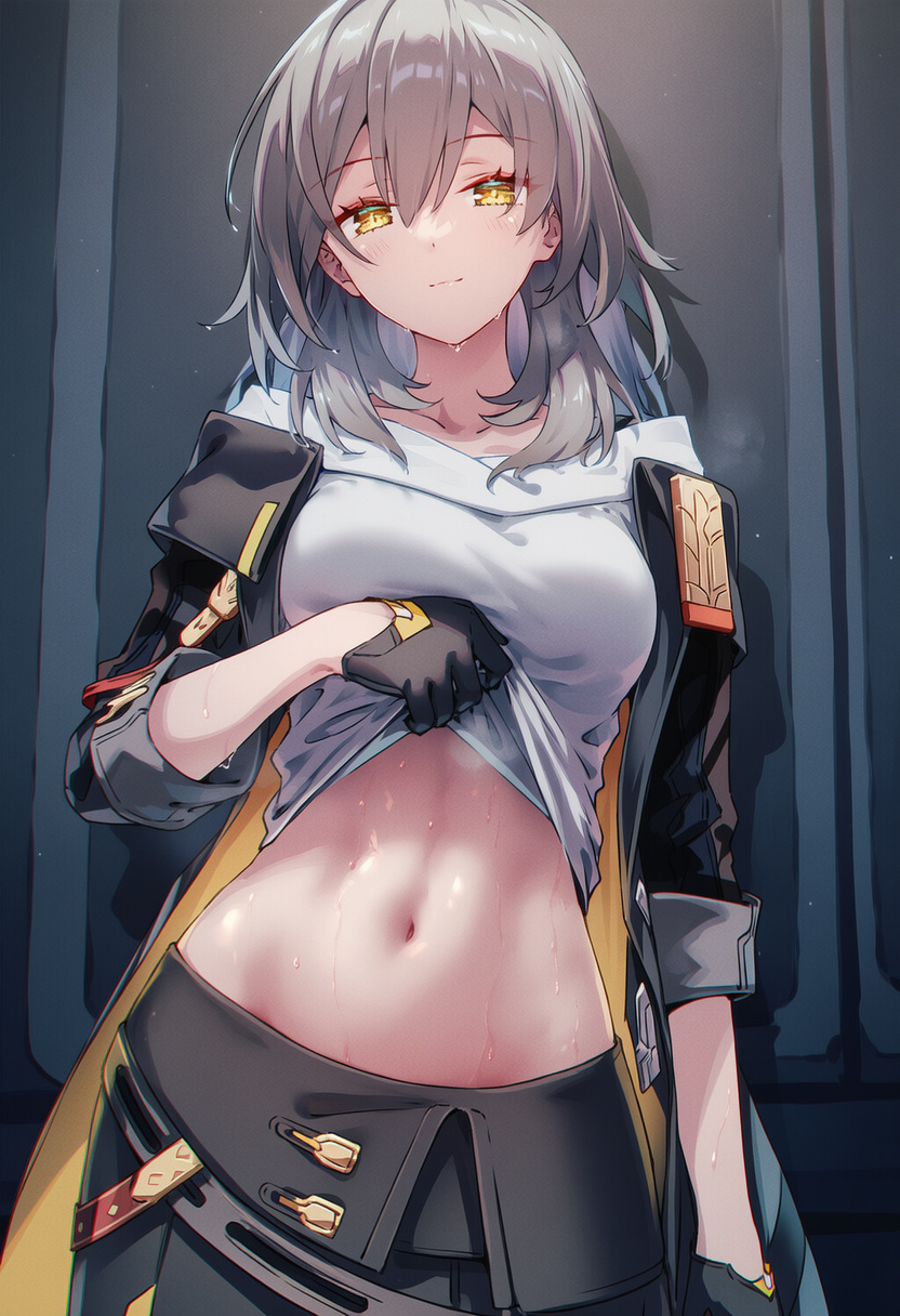 ai generated, belly, belly button, exposed belly, exposed midriff, exposed torso, gray hair, honkai: star rail, lifting shirt, long hair, looking at viewer, medium breasts, midriff, navel, raaicave, stelle (honkai: star rail), sweat, trailblazer (honkai: star rail), yellow eyes