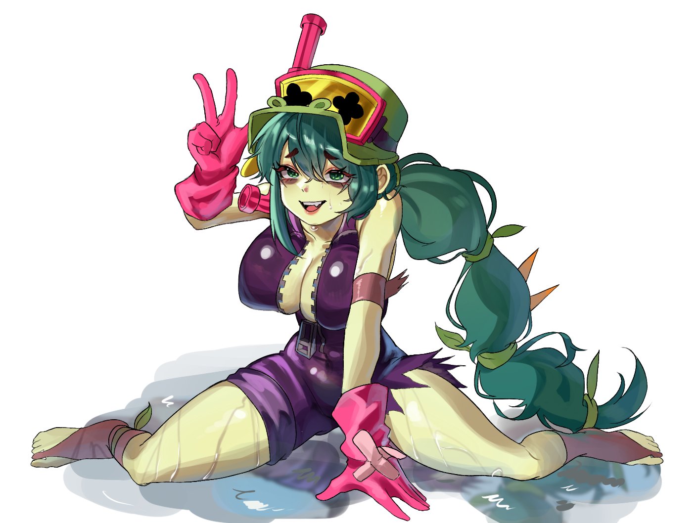 1girls, alli (brawl stars), alternate breast size, alternate eye color, big breasts, braid, brawl stars, breasts, cleavage, clothed, clothing, feet, female, female only, gloves, green eyes, green hair, gutan, hair, hat, long hair, solo, v