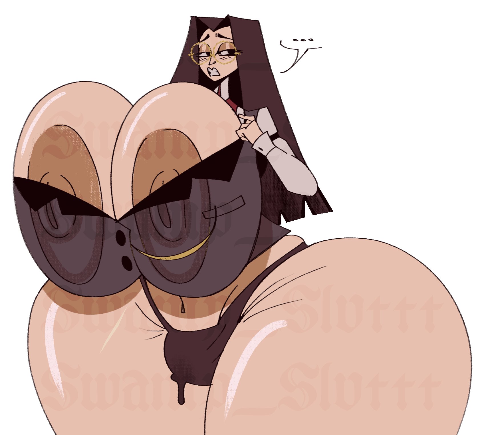 1boy, beautiful, big ass, boobs pressed, breasts, busty boy, concerned look, cute, glasses, hazbin hotel, huge ass, huge breasts, huge moobs, huge thighs, hyper ass, hyper breasts, large ass, large thighs, long hair, panties, pendleton (hazbin hotel), rule 63, sir pentious, sir pentious (hazbin hotel), sir pentious (human form), swampslvttt, tits out, wide hips