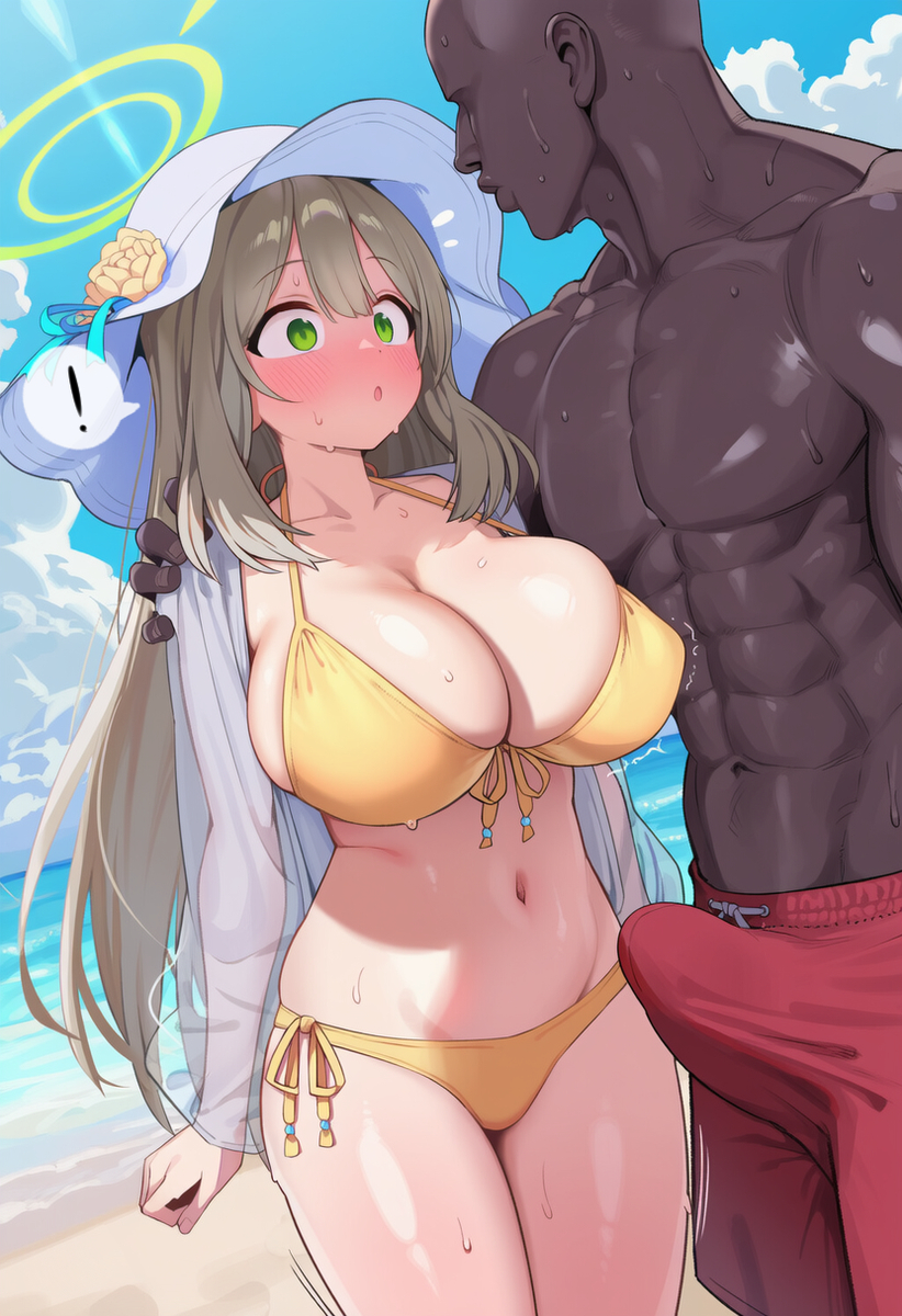 ai generated, blue archive, bulge, cheating, cheating female, cheating girlfriend, cuckold, cuckold pov, cuckolding, dark-skinned male, interracial, light-skinned female, nakanaka nana (artist), netorare, nonomi (blue archive), nonomi (swimsuit) (blue archive), ntr, pale-skinned female, tagme