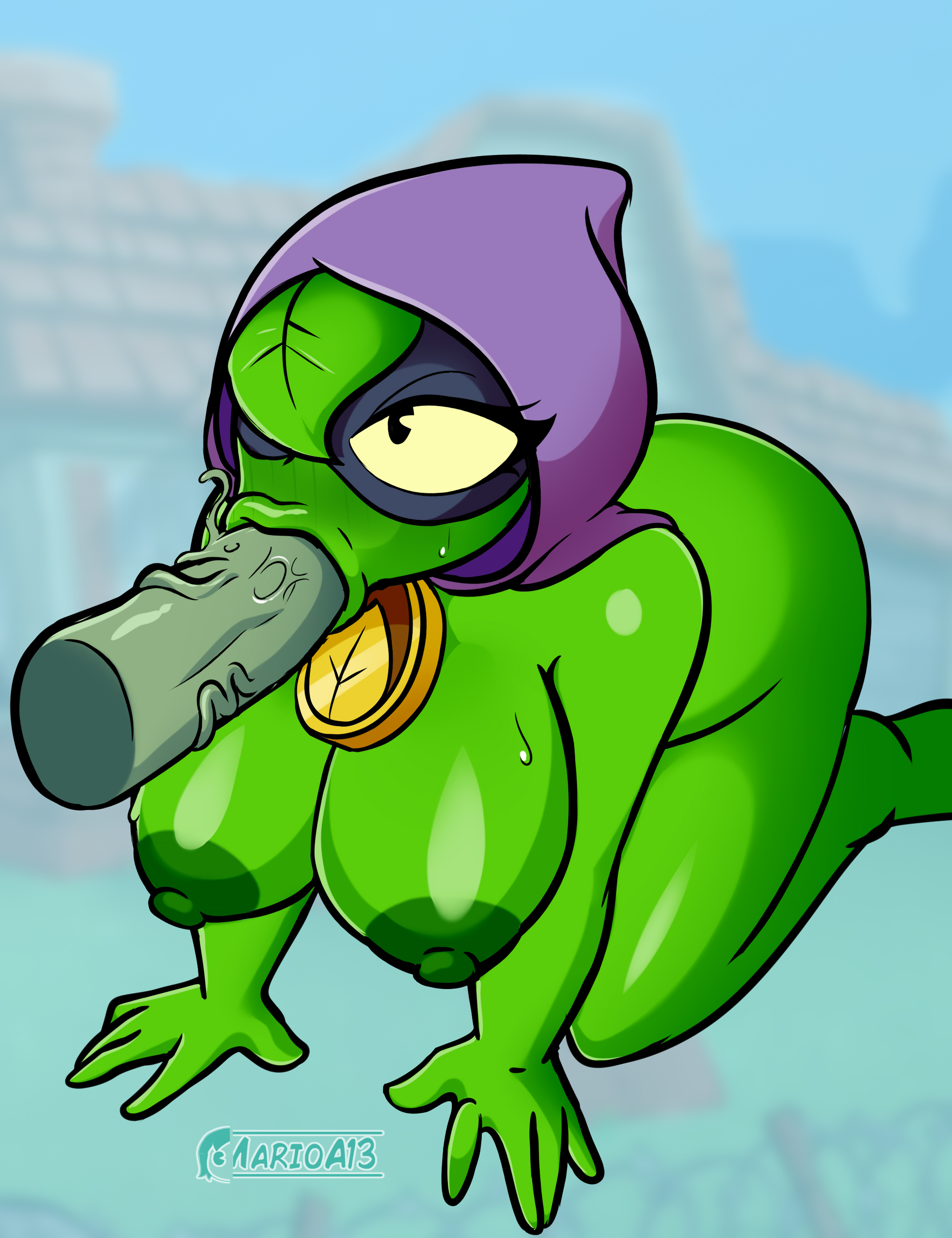 1girls, blowjob, blush, cape, female, full body, green body, green shadow (pvz), green skin, marioa13, nude, nude female, on knees, peashooter (pvz), penis, plants vs zombies, plants vs zombies: heroes, solo female