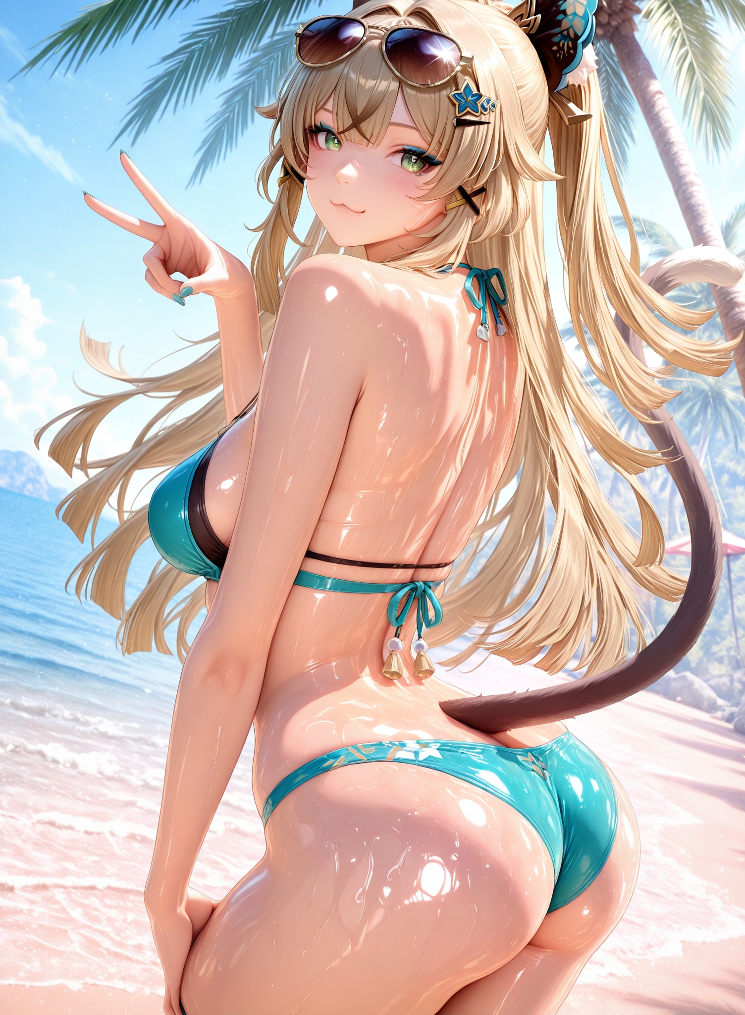 :3, 1girls, 2025, ai generated, anatomically correct, ass, ass crack, ass focus, beach, beach background, big ass, bikini, bikini bottom, bikini top, blonde female, blonde hair, breasts, cat ears, cat tail, curvy, curvy body, curvy female, curvy figure, cute, cute face, detailed background, dutch angle, eyelashes, eyeshadow, female, female only, fit, fit female, from behind, genshin impact, green eyes, headwear, high quality, high resolution, highres, hoyoverse, inazuma girls, kirara (genshin impact), light-skinned female, long hair, medium breasts, mihoyo, oiled, oiled ass, oiled body, oiled skin, palm tree, sand, sea, seaside, shiny skin, side view, slim, slim waist, solo, solo female, stable diffusion, standing, sunglasses, sunglasses on head, sunlight, thick ass, thick thighs, thighs, turquoise fingernails, turquoise nails, v sign, water, wet, wet body, wet skin, yamatohentaiai