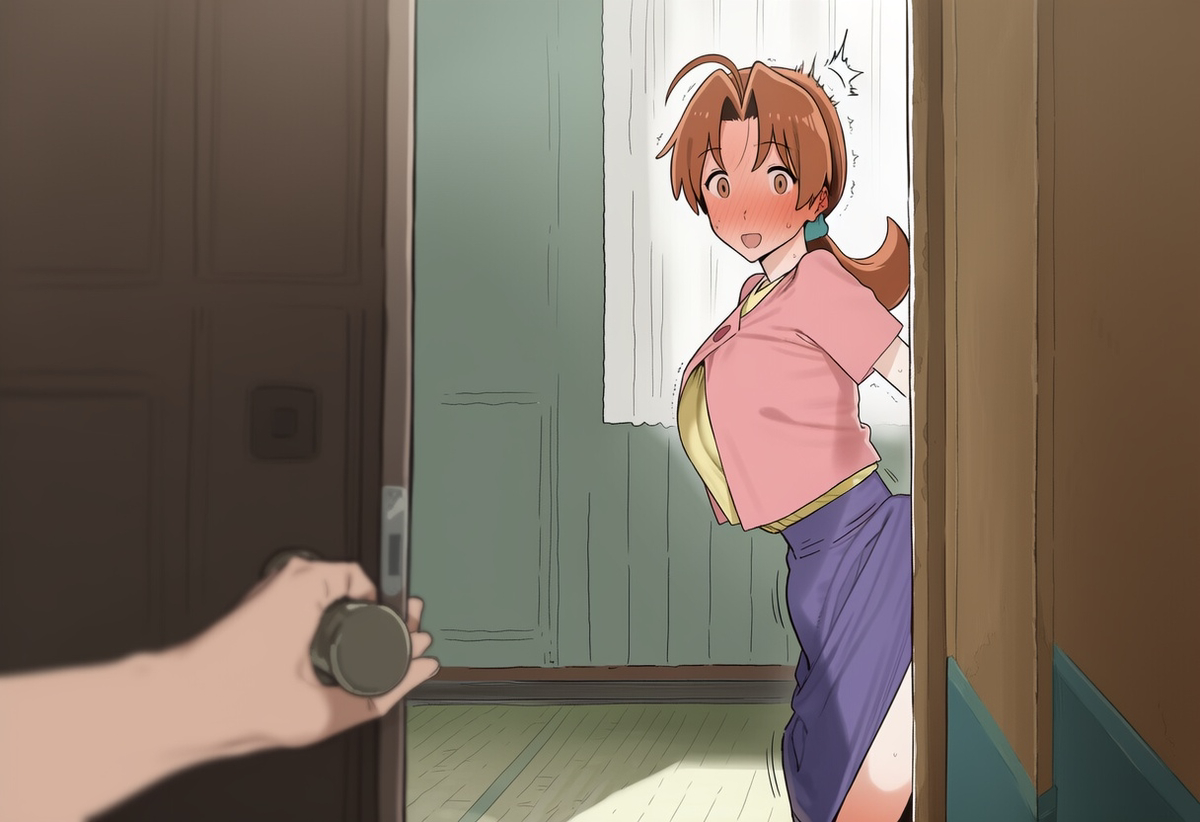 ai generated, cheating, cheating female, cheating girlfriend, cuckold, cuckold pov, cuckolding, delia ketchum (pokemon), door, doorway, hidden sex, implied sex, large breasts, looking at viewer, netorare, ntr, pokemon, stealth, stealth sex, tagme