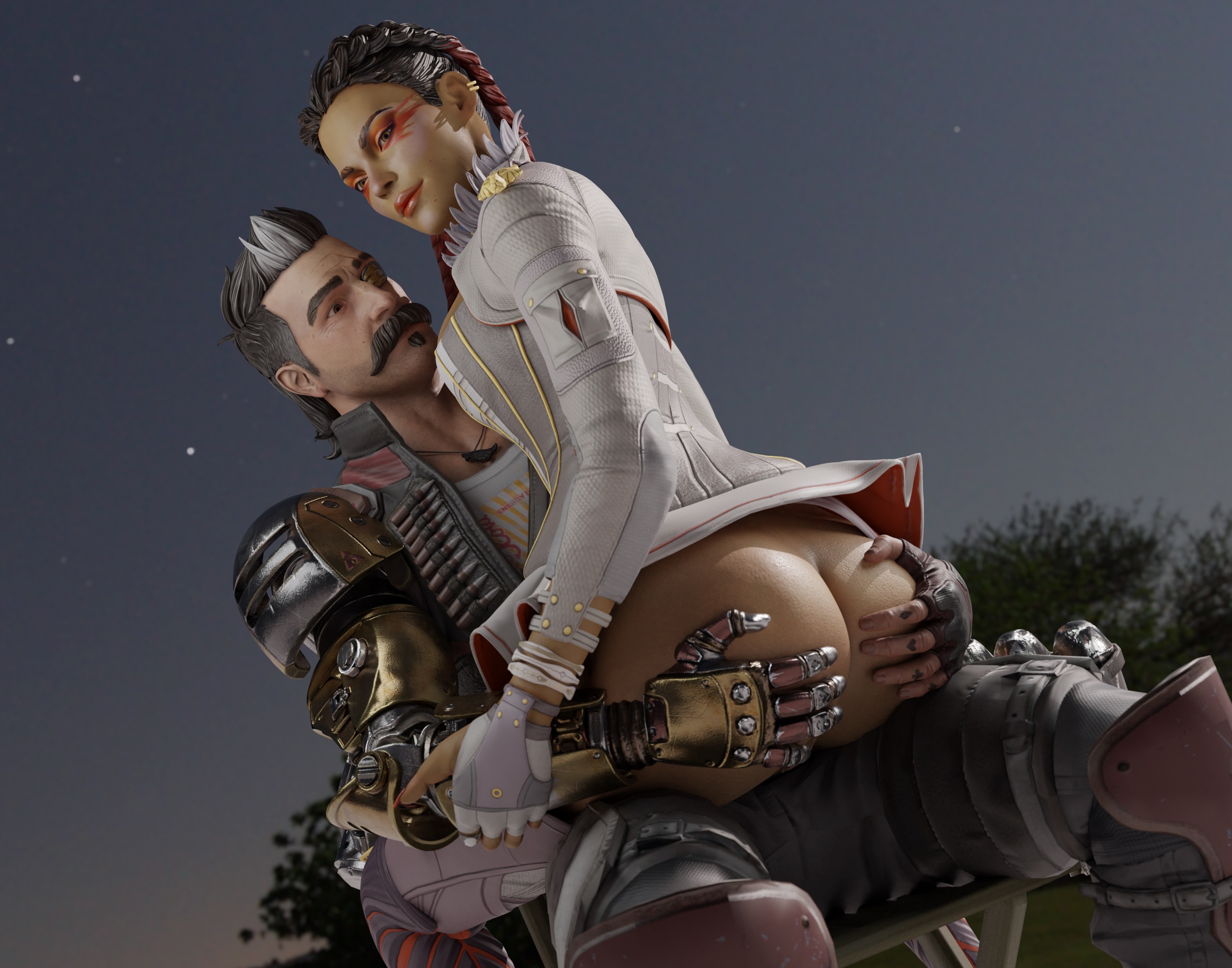 1boy, 1girls, 3d, age difference, apex legends, ass, bare ass, big ass, braid, breasts, brown hair, dark skin, dark-skinned female, female, francis brown, fuse (apex legends), hands on ass, interracial, latina, loba (apex legends), looking at viewer, male, moustache, no panties, older male, on lap, sitting on lap, smile, straight, younger female