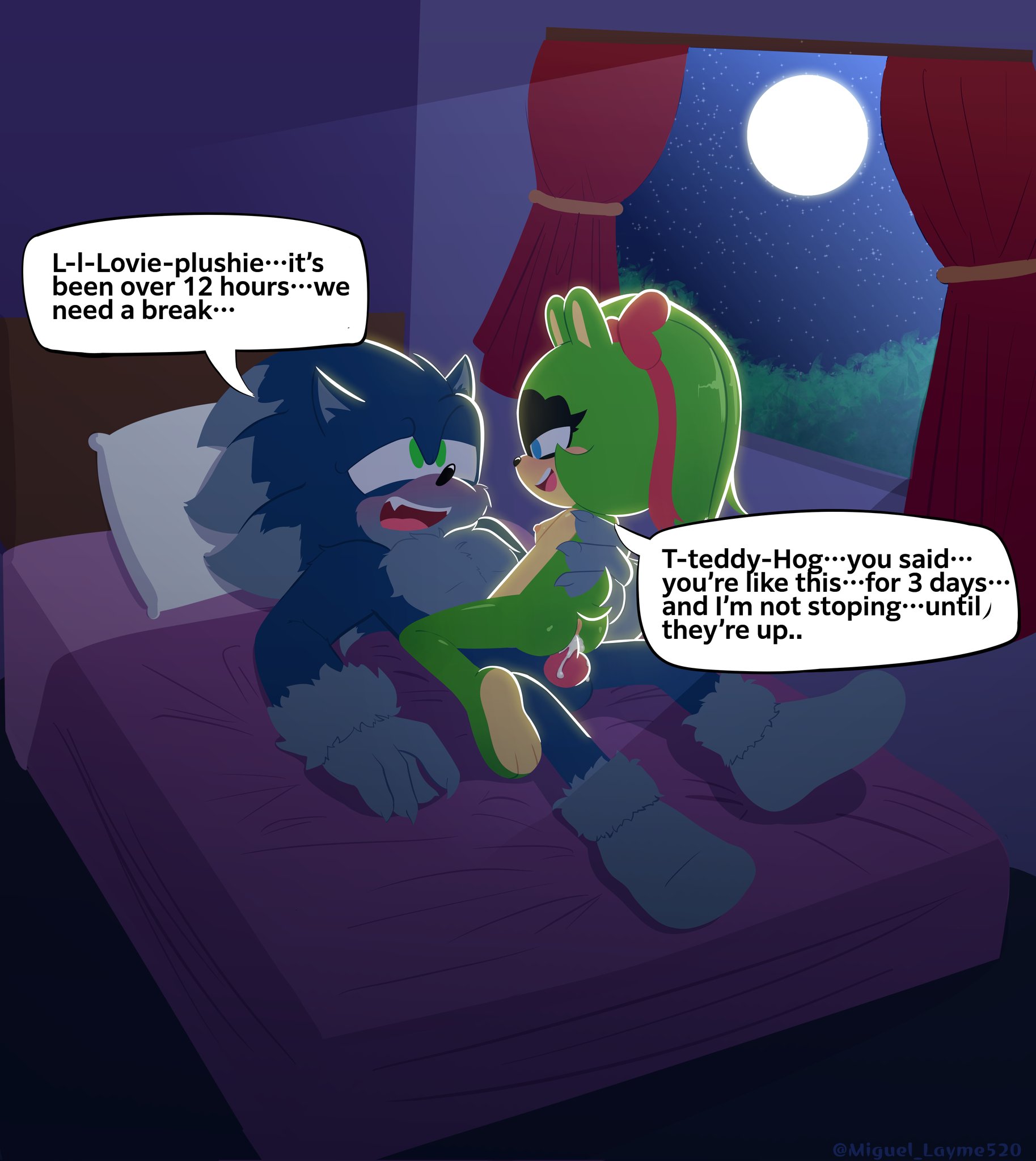 1boy, 1girls, areolae, bed, bedroom, blue eyes, blue fur, blush, breasts, cowgirl position, cum, cum in pussy, cum inside, curtains, dialogue, duo, english text, eulipotyphlan, female, fur, green eyes, green fur, idw publishing, knot, larger male, larger male smaller male, laying on back, laying on bed, male, male/female, mammal, miguel layme, moon, moonlight, naked, naked female, naked male, nipples, nude, nude female, nude male, penis, pillow, riding, riding penis, size difference, smaller female, sonic (series), sonic the hedgehog, sonic the hedgehog (comics), sonic the hedgehog (idw), sonic the hedgehog (series), sonic the werehog, sonic unleashed, straight, straight sex, surge the tenrec, tail, text, vaginal penetration, werehog, window