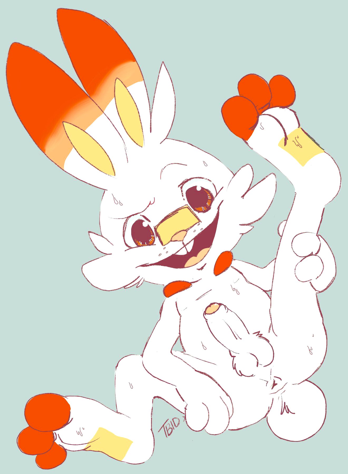 1boy 2019 :d anthro anus ass balls barefoot big_ears bodily_fluids buckteeth butt erection foreskin fur genitals grey_background hand_on_leg hi_res humanoid_genitalia humanoid_penis lagomorph leporid long_ears looking_at_viewer looking_up looking_up_at_viewer lying male male_only mammal multicolored_ears nintendo nude on_back open_mouth orange_ears orange_eyes orange_nose orange_tongue penis pokémon_(species) pokemon pokemon_(species) presenting presenting_anus presenting_balls presenting_hindquarters presenting_penis rabbit raised_leg raised_legs scorbunny scut_tail short_tail simple_background smile solo spread_legs spreading sweat tbid teeth tongue uncircumcised uncut video_games white_anus white_balls white_body white_butt white_ears white_fur white_penis white_tail yellow_ears