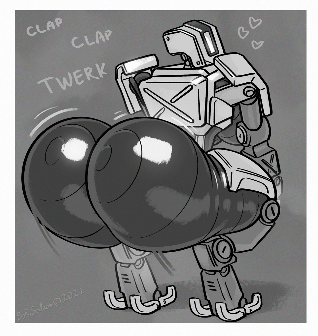1 eye, 1girls, 2021, ass, ass clapping, ass focus, bastion (overwatch), big ass, big butt, blizzard entertainment, borisalien, breasts, butt focus, crouching, english text, female, female only, glistening, glistening butt, heart, hi res, huge ass, huge butt, humanoid, looking back, machine, metallic body, monochrome, motion blur, not furry, omnic, onomatopoeia, overwatch, robot, robot humanoid, rule 63, shaking ass, shaking butt, solo, sound effects, text, twerking, video games