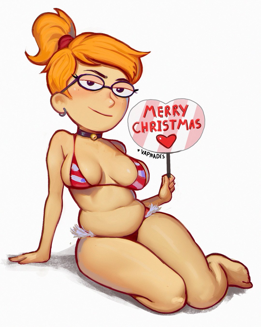 1girls, adult swim, bikini, breasts, christmas, female, female focus, female only, light skin, light-skinned female, looking at viewer, merry christmas, micro bikini, orange hair, sign, smiling friends, striped bikini, thick thighs, vapnades, zoey (smiling friends)