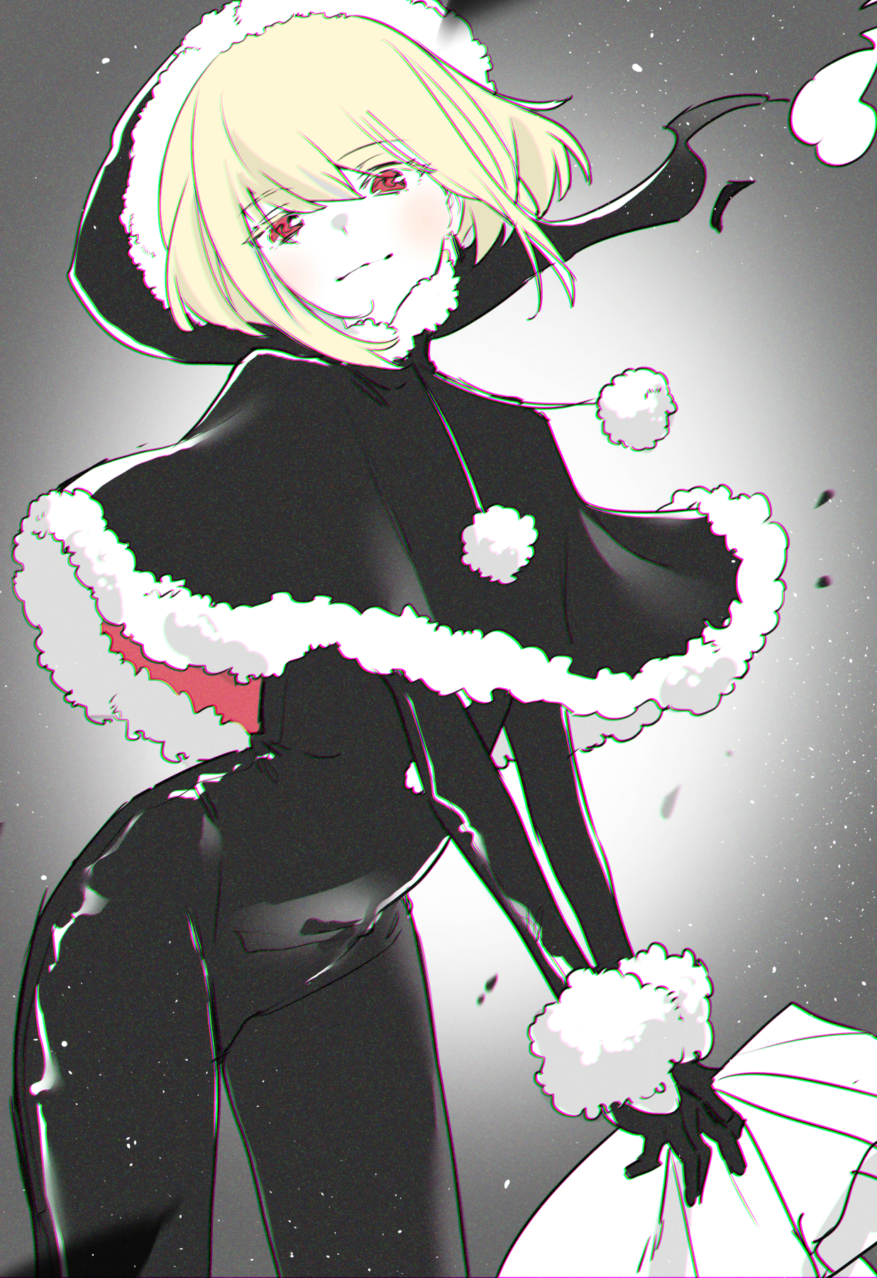 1boy, 2025, 2d, 2d (artwork), androgynous, blonde hair, blush, christmas, christmas clothing, christmas outfit, clothed, clothed male, femboy, femboy only, fully clothed, head tilt, human, human only, latex, latex bodysuit, light skin, light-skinned male, lio fotia, magenta eyes, male, male only, monochrome, partially colored, petite, petite body, petite male, pov, promare, questionable, santa costume, santa hat, sfw, skin tight, slim, slim male, slim waist, smile, smiling at viewer, solo, solo male, suggestive, tight clothing, twink