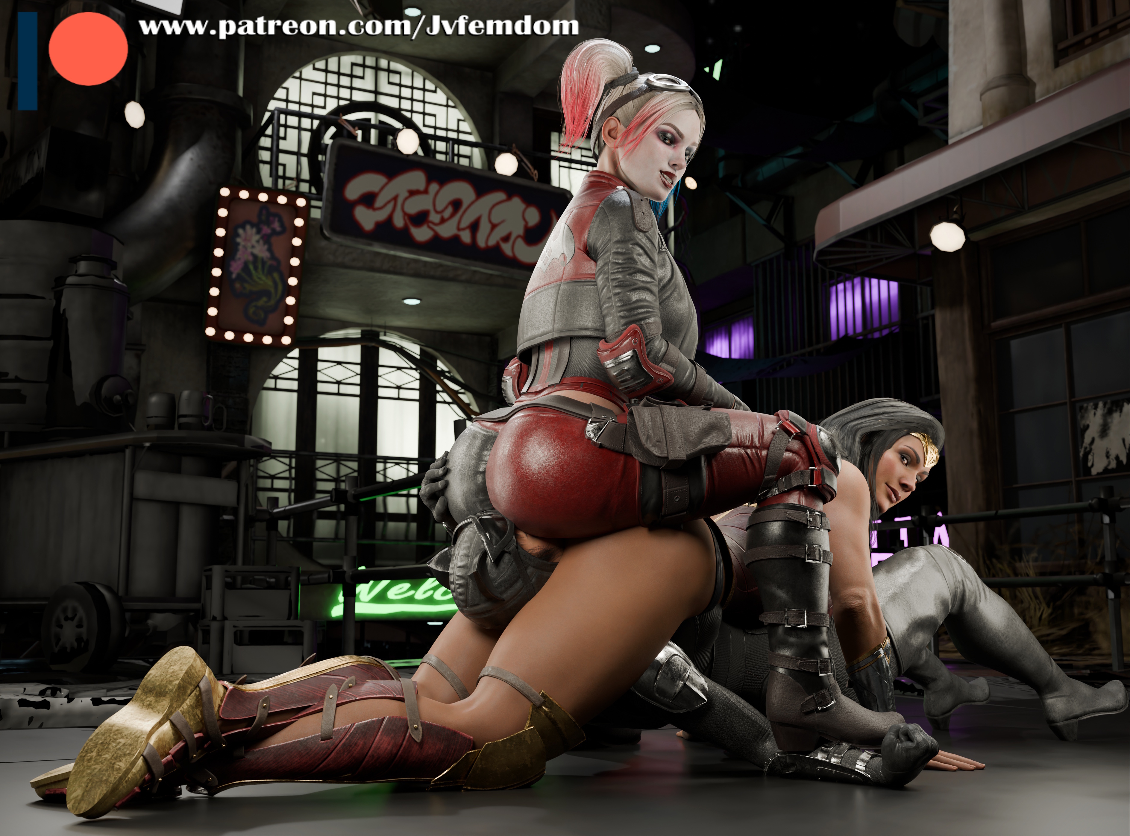 3d, 3girls, absurd res, amazon, armored female, arrogant, asphyxiation, ass, ass up, batman (series), beaten, black boots, black gloves, black hair, blender, boots, catfight, catwoman, catwoman (injustice), choking, cling, clothed, clothed female, cunnilingus, dc, dc comics, defeated, diana prince, dominant, dominant female, domination, dominatrix, facesitting, female, female domination, female only, femdom, femsub, fully clothed, gloves, grey boots, harley quinn, harley quinn (injustice), head between thighs, headscissors, helpless, high heel boots, highres, humiliated, humiliating, humiliation, injustice 2, jpeg, jvfemdom, leather gloves, legs, lezdom, light skin, light-skinned female, long hair, looking pleasured, muscular, muscular thighs, non-nude, oral, passed out, pinned, pinned down, round ass, round butt, sadism, sadistic, sadistic female, selina kyle, sex, short hair, sitting, sitting on another, sitting on face, sitting on person, smile, smirk, smothering, smothering ass, smug, smug face, smug grin, submission, submission hold, submissive, suffocation, superheroine, thigh boots, twintails, utter domination, villain, villainess, wonder woman, wonder woman (injustice), wonder woman (series), wrestling