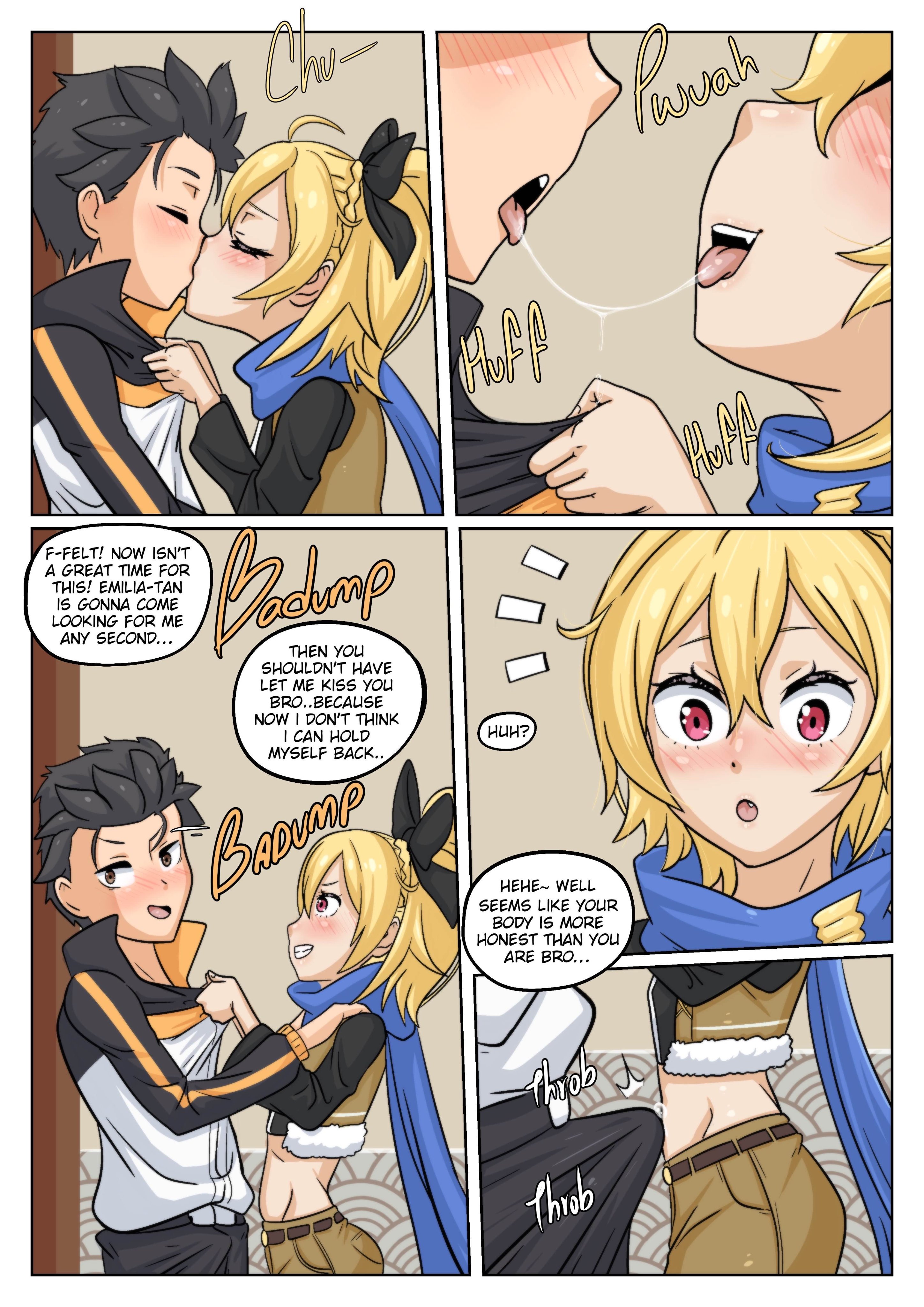 1boy, 1girls, black hair, blonde hair, brown eyes, erection, erection under clothes, felt (re:zero), kissing, natsuki subaru, re:zero kara hajimeru isekai seikatsu, red eyes, saliva trail, scarf, tagme, text, text bubble, tracksuit, wacum