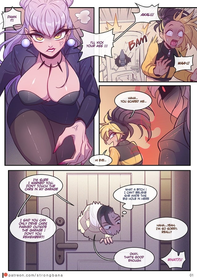 akali, big breasts, breasts, comic, english text, evelynn, female, k/da all out akali, k/da all out evelynn, k/da all out kai'sa, k/da all out series, kai'sa, league of legends, page 1, strongbana