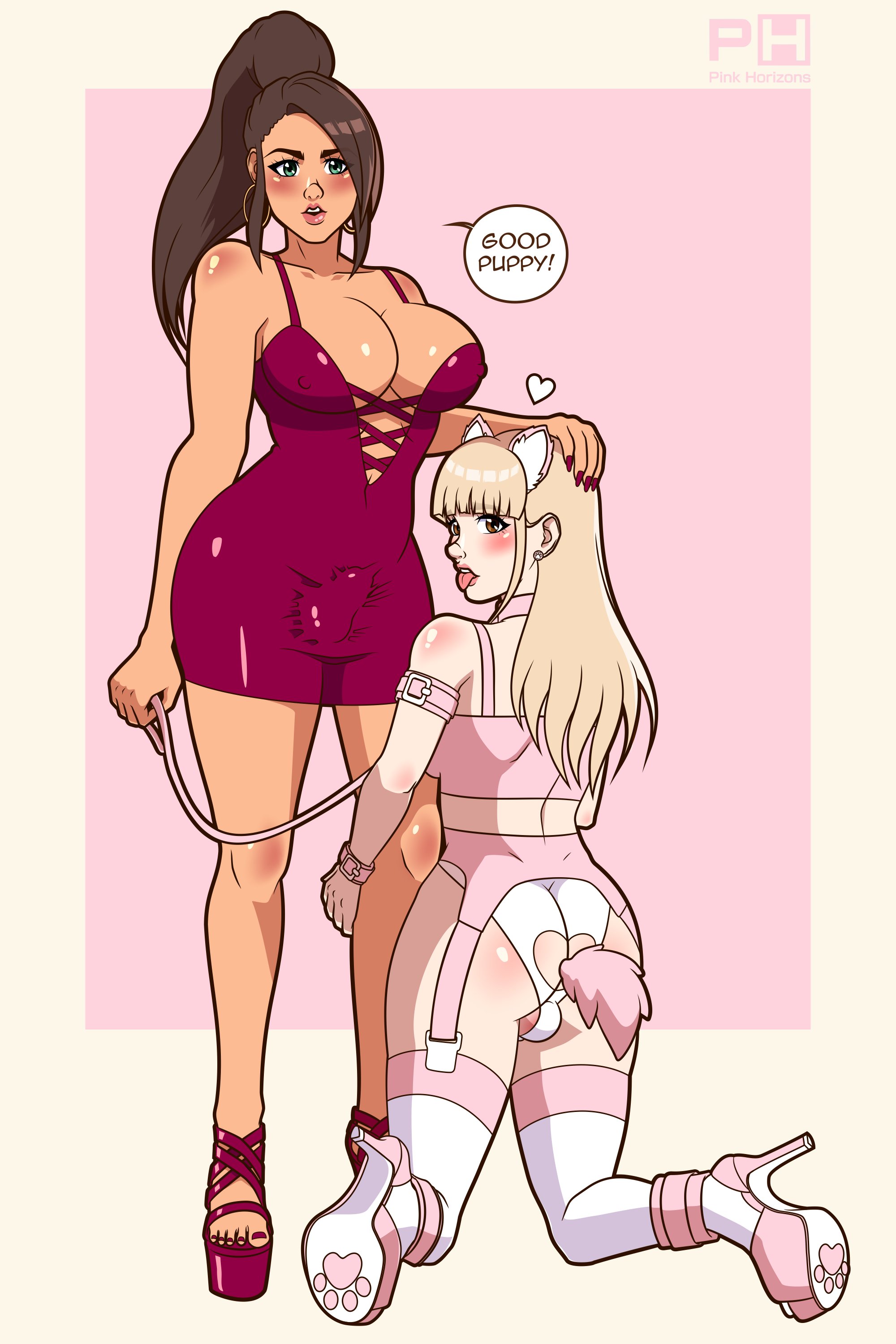 1boy, 1femboy, 1futa, bulge, bulge through clothing, bulge under clothes, buttplug, cleavage, dress, english text, femboy, futa/male, futanari, high heels, male/futa, open mouth, pink horizons, platform heels, sex toy, sex toy in ass, speech bubble, text, wholesome, wholesome couple