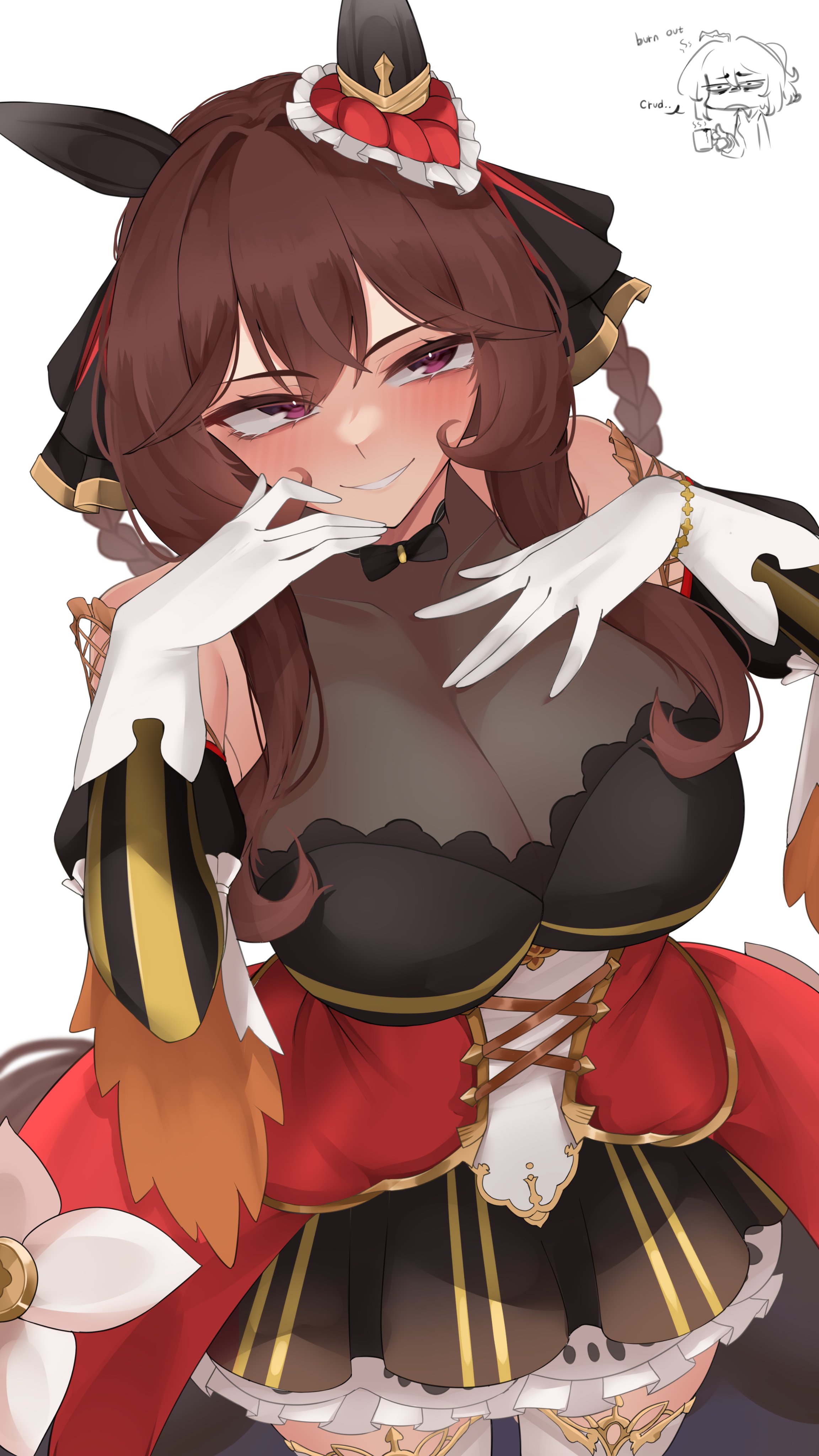 1girls, absurdres, animal ears, bare shoulders, blush, braid, braided hair rings, breasts, brown hair, commentary, dress, ear ornament, female, female only, frilled dress, frills, gentildonna (regina dei fiori) (umamusume), gentildonna (umamusume), gloves, gold trim, hair rings, heart ear ornament, heart-shaped ornament, highres, horse ears, horse girl, horse tail, large breasts, long hair, looking at viewer, red eyes, red skirt, see-through cleavage, see-through clothes, showgirl skirt, simple background, skirt, smile, solo, tail, umamusume, white background, white gloves, xkittyzx