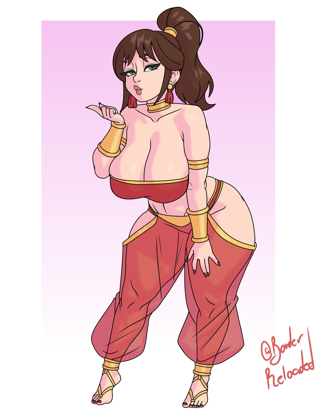 1girls, 2d, big breasts, blowing kiss, borderreloaded, brown eyes, brown hair, busty, child bearing hips, cleavage, exposed hips, female, female focus, female only, full body, hand on leg, hand on own leg, hand on own thigh, hand on thigh, harem, harem outfit, hip cleavage, hourglass figure, kissing, large breasts, leaning forward, navel, oc, original character, ponytail, pose, posing, voluptuous, wide hips