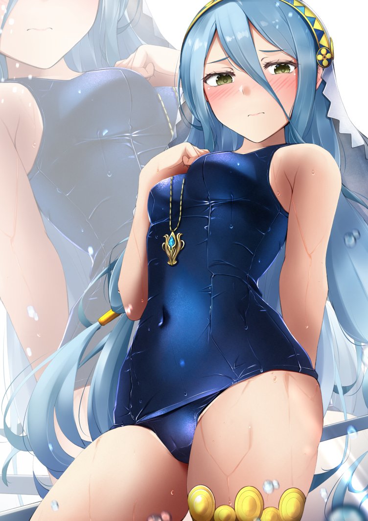 1girls alternate_costume aqua_hair azura_(fire_emblem) bare_thighs blue_hair breasts embarrassed female fire_emblem fire_emblem_fates hair_between_eyes jewelry kuro_yanagi long_hair looking_at_viewer medium_breasts necklace nintendo old_school_swimsuit one-piece_swimsuit school_swimsuit solo solo_female swimsuit veil wet yellow_eyes