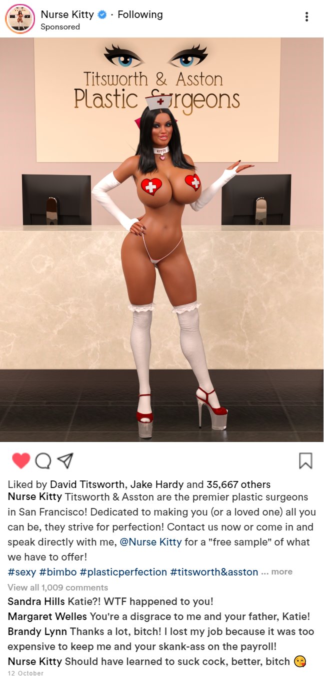 1girls, 3d, armwear, bimbo, black hair, breasts, brown hair, busty, choker, dark skin, dark-skinned female, female, fiddlestix 3dx (artist), heels, hourglass figure, human, instagram, legs, lips, lipstick, long hair, nurse, nurse kitty (character), original, original character, panties, seductive, sleeves, text, thighs, thong, voluptuous