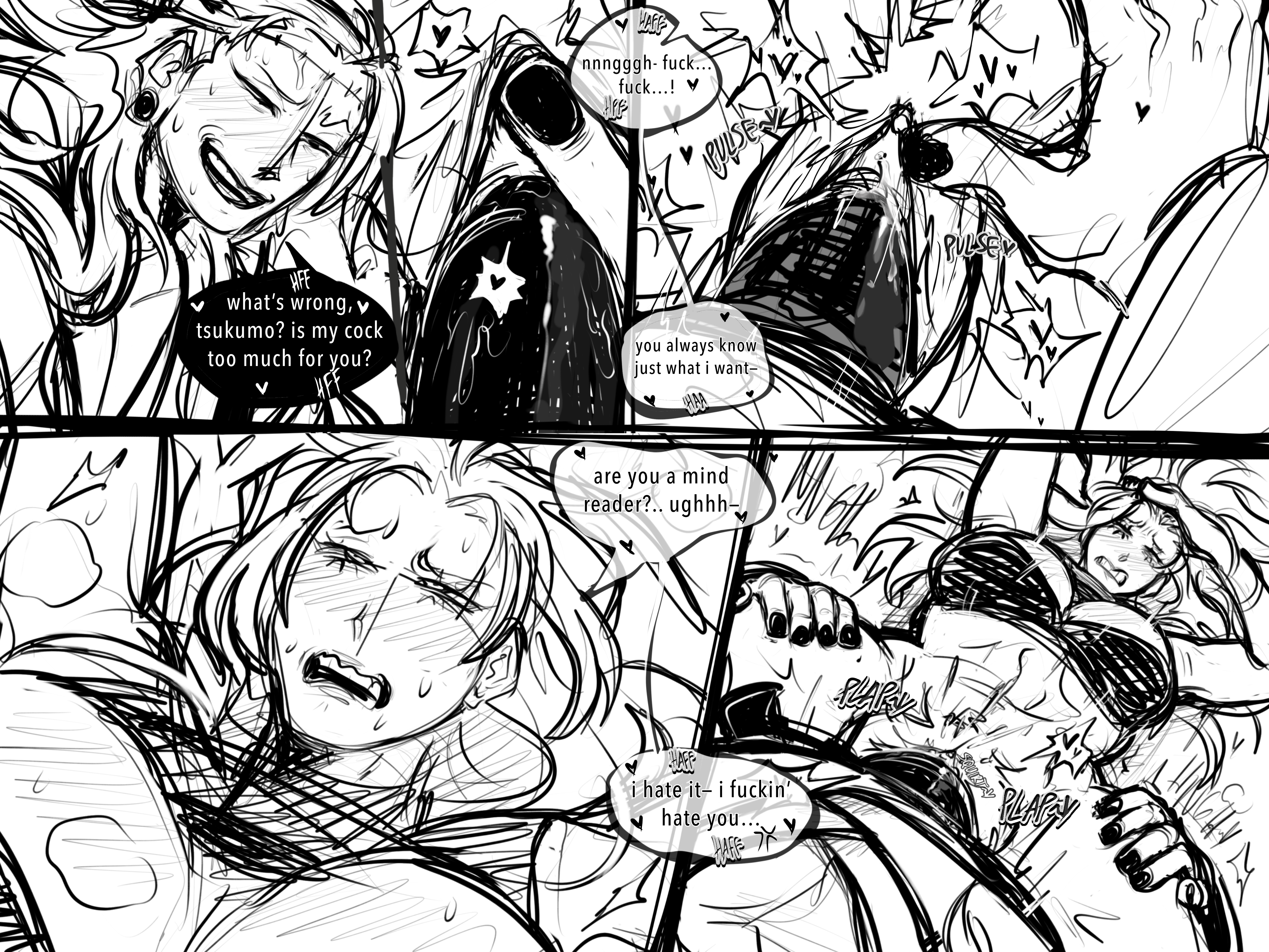 angry, blush, blush lines, clitoral stimulation, clitoris, close-up, comic, cuntboy, cuntboy/female, cuntboydom, dialogue, dominant cuntboy, giver pov, holding legs, homojaku, jujutsu kaisen, kenjaku, pussy, pussy focus, pussy juice, pussy juice drip, pussy lips, schpeenor, shirt up, sketch, smug, strap-on, transmasc, yuki tsukumo