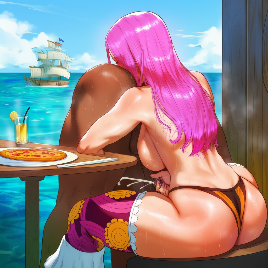 1boy, 1girls, aged up, ai generated, back view, backboob, balls, bare thighs, big ass, big balls, big butt, big penis, closed eyes, cum, cumshot, dark skin, dark-skinned male, fat ass, female, gigantic ass, gigantic breasts, handjob, huge balls, huge breasts, huge cock, huge thighs, interracial, jewelry bonney, light skin, light-skinned female, long hair, male, massive ass, massive breasts, muscular male, nude, nude male, oiled body, oiled skin, one piece, panties, penis, pink hair, pizza, rimjob, rimming, rimming male, sonata (artist), squatting, stockings, sweat, sweatdrop, thick body, thick female, thick thighs, thighs, voluptuous, voluptuous female