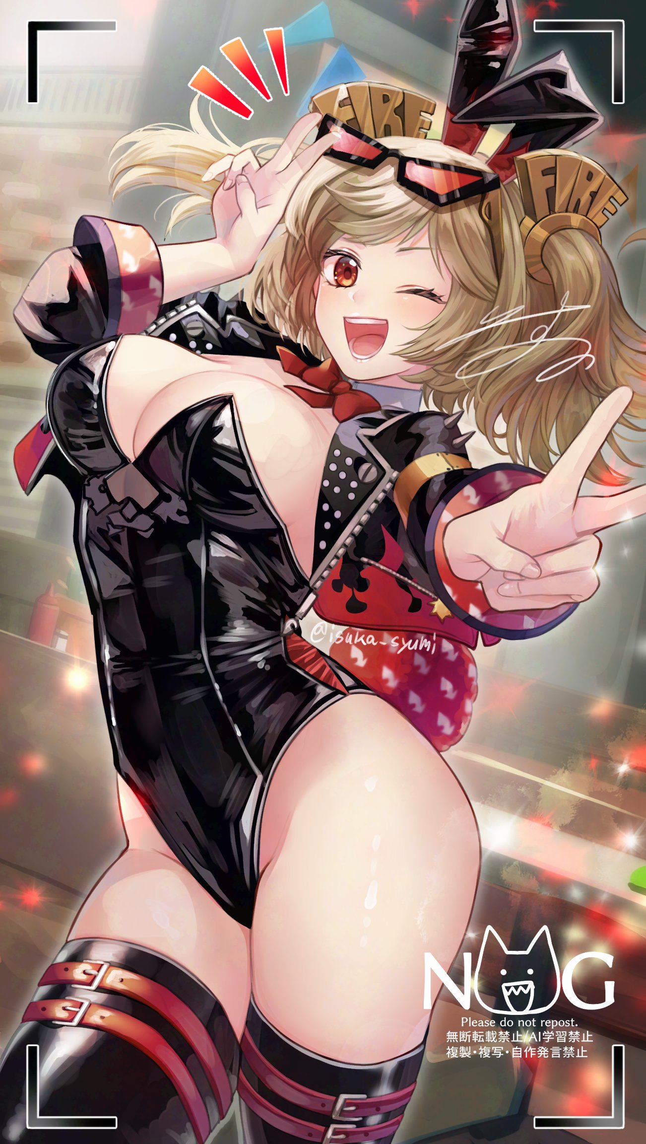;d, 1girls, animal ears, bangs, big breasts, black jacket, blonde hair, bowtie, breasts, bunny ears, bunnysuit, burnice white, cameltoe, cleavage, detached collar, double v, eyewear on head, female, female only, fully clothed, human, isuka syumi, jacket, large breasts, leotard, light skin, light-skinned female, long sleeves, looking at viewer, one eye closed, open mouth, revealing clothes, shiny clothes, short hair, slim waist, smile, solo, strapless leotard, striped, thick thighs, thighhighs, thighs, tight clothing, twintails, v, viewfinder, w, zenless zone zero