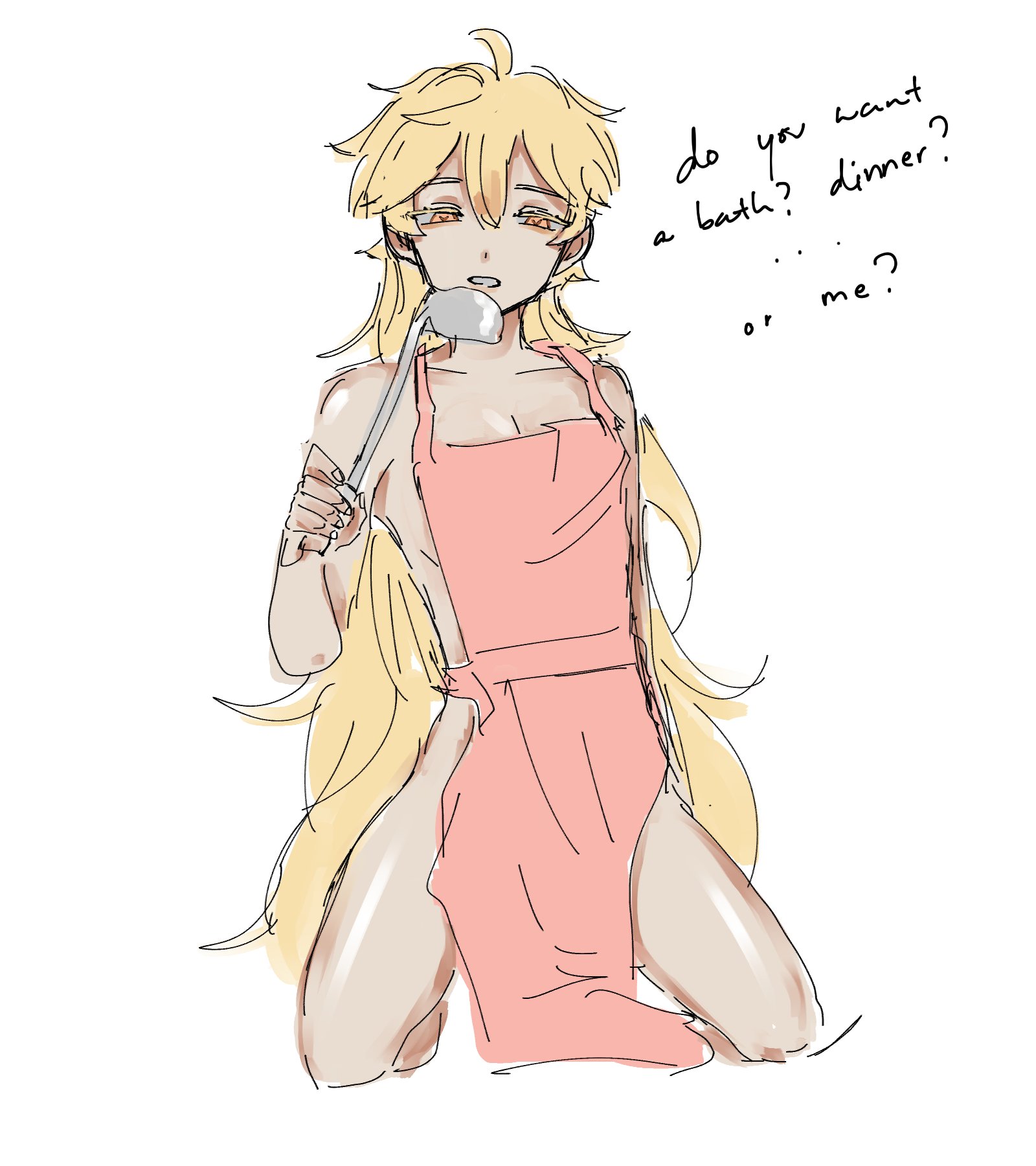 1boy, aether (genshin impact), apron, apron only, blonde hair, ear piercing, femboy, feminization, genshin impact, gold eyes, kitchen utensils, long hair, looking at viewer, male, male only, naked, nude, ohkaminlover, seductive, solo, solo male, white background