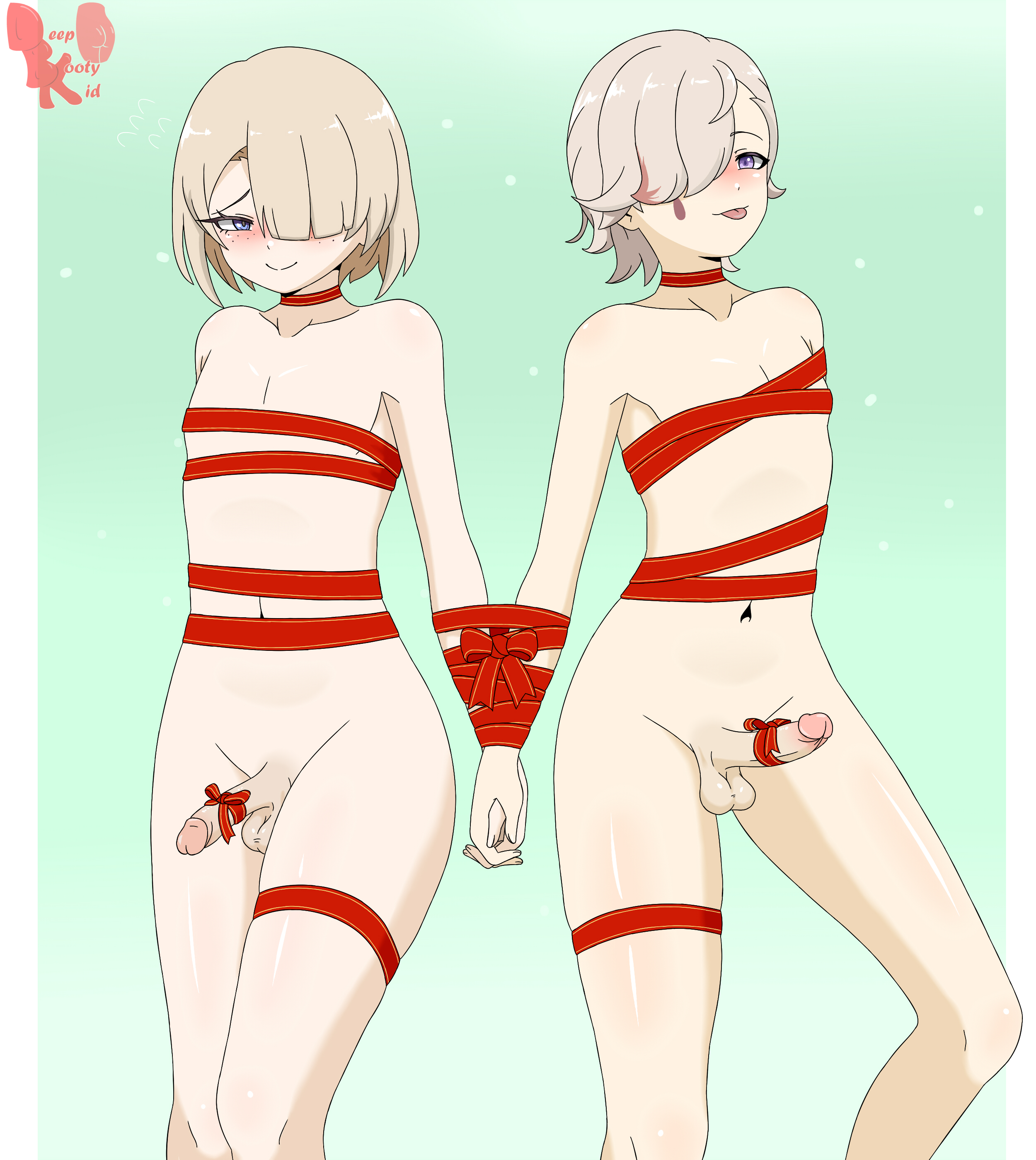 2boys, 2femboys, adults, balls, blush, choker, christmas, deepbootykid, freckles, freminet (genshin impact), gay, genshin impact, hair over one eye, hands behind back, holding hands, lyney (genshin impact), male, male only, nude, nude femboy, nude male, penis, ribbon bondage, ribbon choker, ribbon on penis, thigh strap, tongue out