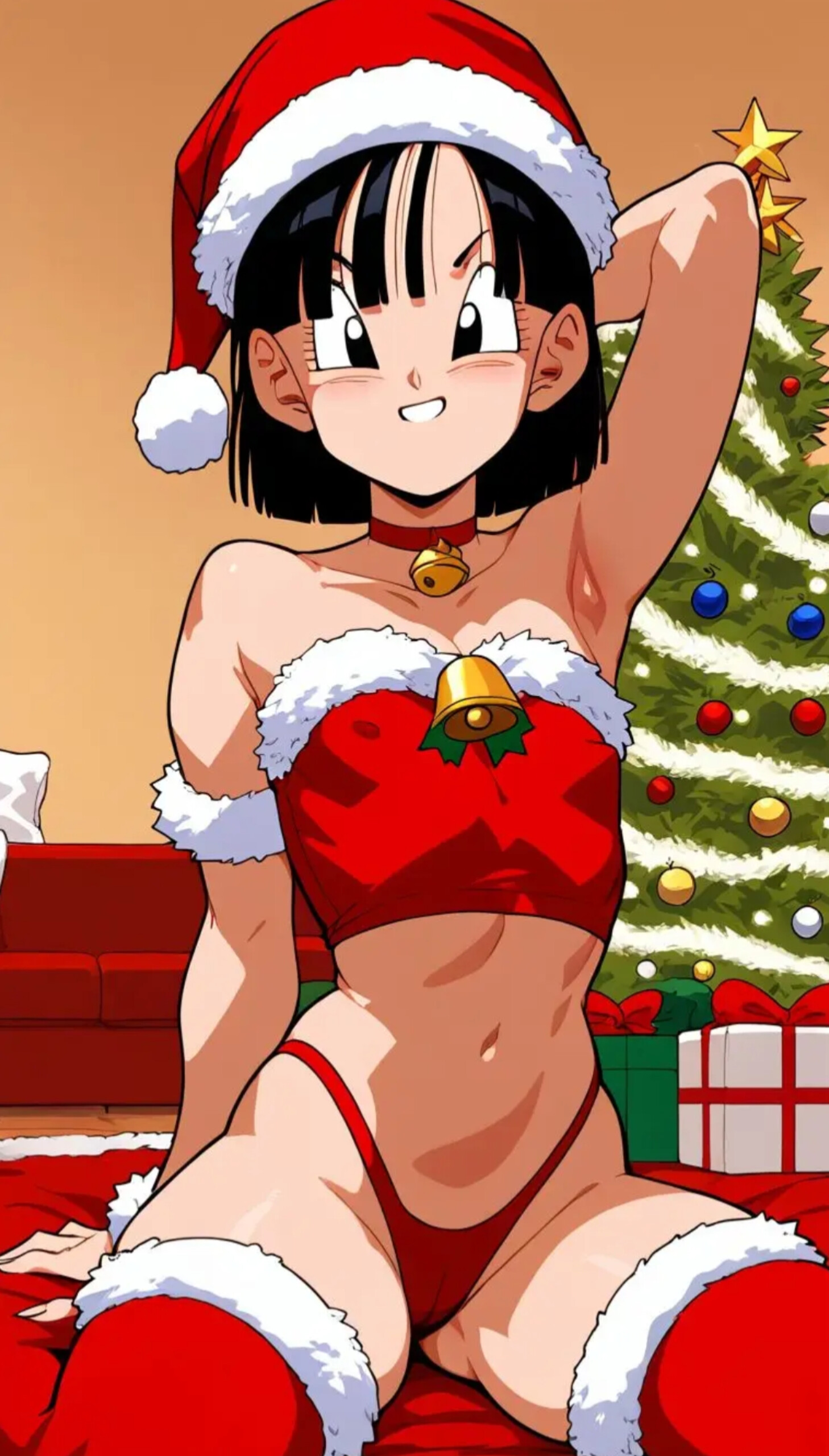 1girls, ai generated, bandana, black hair, christmas, christmas outfit, christmas tree, legwear, pan (dragon ball), petite, santa hat, small breasts, tagme, tomboy