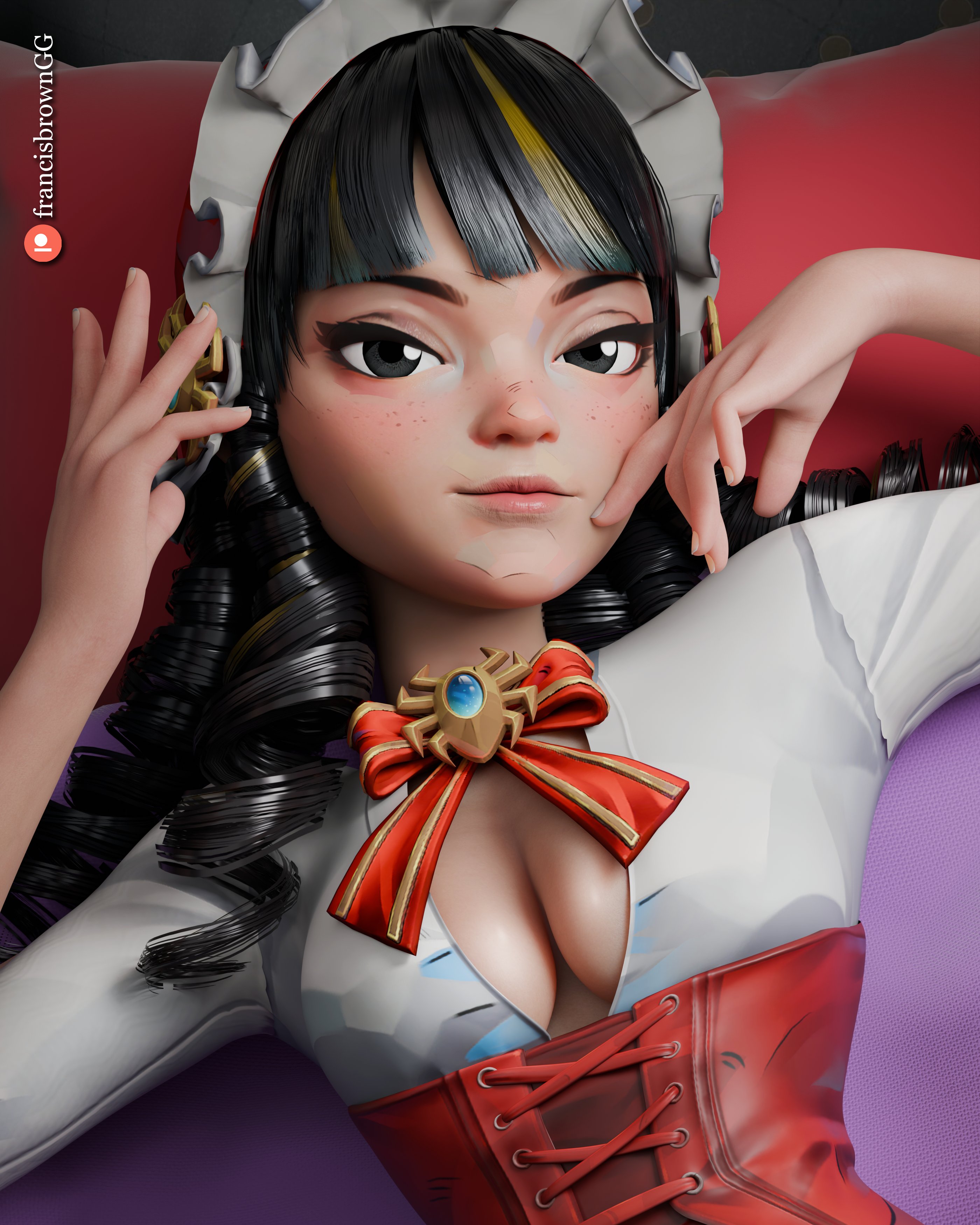 3d, 3d (artwork), 3d model, black hair, breasts, christmas, christmas hat, cleavage, clothed, clothing, female, francis brown, hair, holidays, lips, looking at viewer, marvel, marvel comics, marvel rivals, peni parker, peni parker (marvel rivals), peni parker (snow-sp//dr), smile, smiling, smiling at viewer, solo