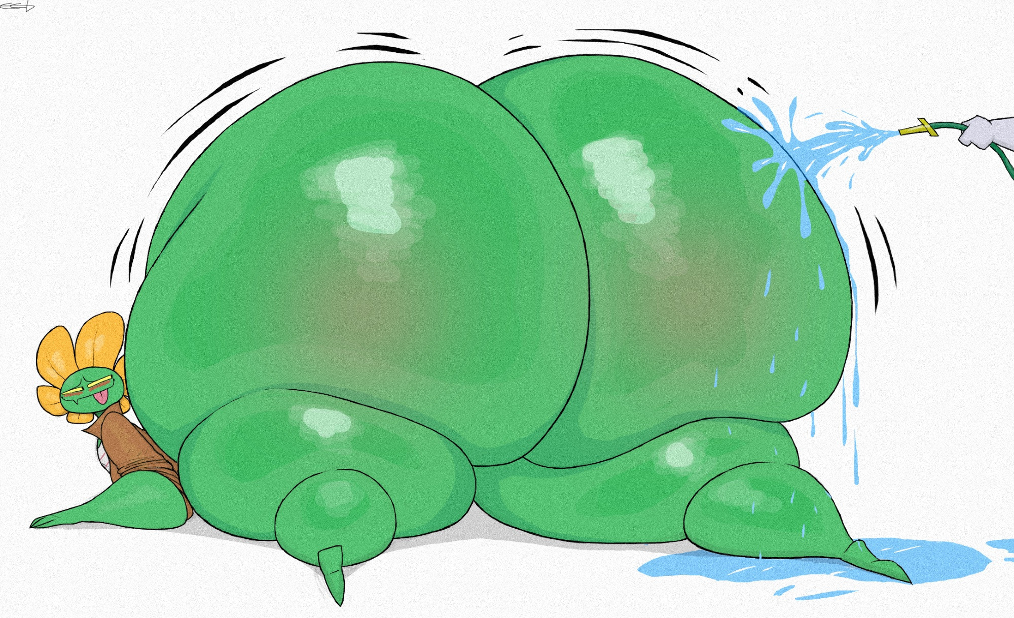absorbing, anthro, ass expansion, ass growth, blush, caked up, flower, green skin, hose, huge ass, huge butt, huge thighs, hyper, hyper ass, male, male only, plant, rob (schplingnops), schplingnops, thicc, water absorption, watering, watering flower, yellow petals