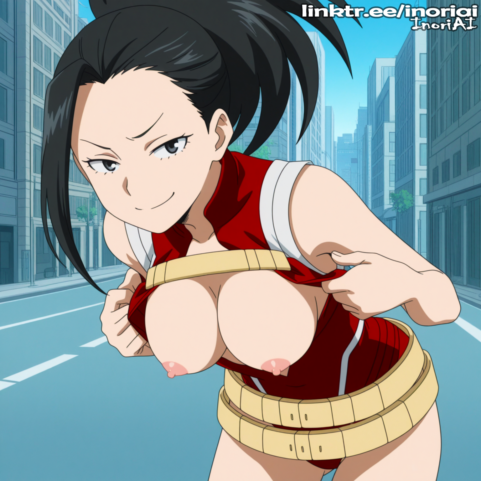1girls, ai generated, black eyes, black hair, black-haired female, breasts, breasts out, hanging breasts, high school student, inoriai, large breasts, momo yaoyorozu, my hero academia, nipples, public exposure, public indecency, seductive look, seductive smile, showing breasts, solo female, teen, teenage breasts, teenage female, teenage girl, teenage nipples, teenager