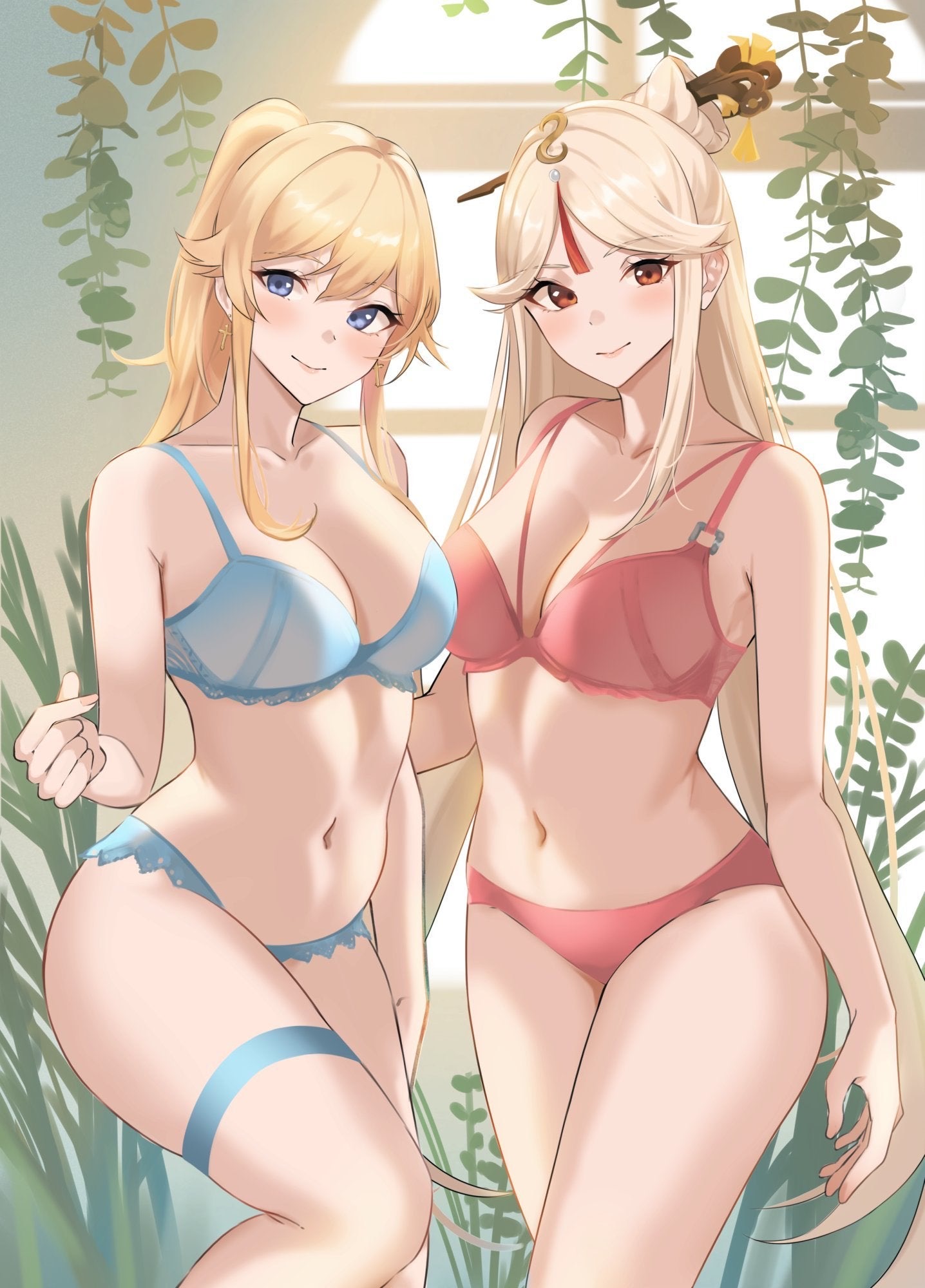 2girls, alluring, blonde hair, blue eyes, blush, bra, female, female only, genshin impact, jean gunnhildr, jewelry, lingerie, long hair, midriff, multiple females, multiple girls, ningguang (genshin impact), panties, red eyes, renzu (lens 02), smile, thighs, white hair