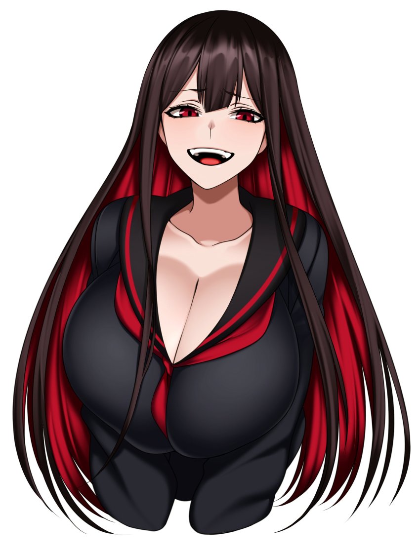 1girls, black hair, breasts, brown hair, camui kamui (hz 666v), cleavage, curvy, female, female only, huge breasts, light skin, light-skinned female, long hair, open mouth, original, original character, red eyes, school uniform, schoolgirl, serafuku, smiling, solo, thick thighs