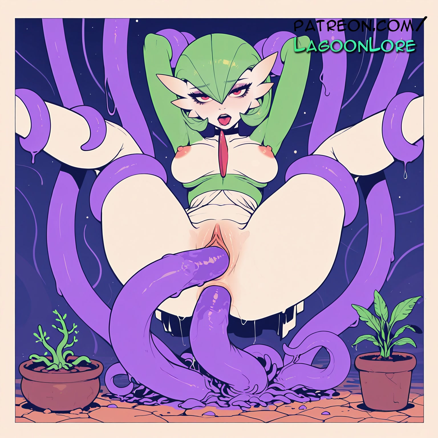 ai generated, anal, artist name, average breasts, blush, border, breasts, bust, chest, clitoral hood, clothes pull, consensual tentacles, exposed nipples, exposed pussy, female, gardevoir, hi res, highres, juicy pussy, lagoonlore, leaf, long hair, medium breasts, nipples, nipples outside, normal breasts, open mouth, patreon, patreon username, plant, pokémon (species), pokemon, pokemon (creature), pokemon (species), pokephilia, potted plant, pussy, restrained, solo, star (sky), starry sky, tentacle, tentacle sex, tight pussy, uncensored, vagina, vaginal penetration, very long hair, vines, watermark