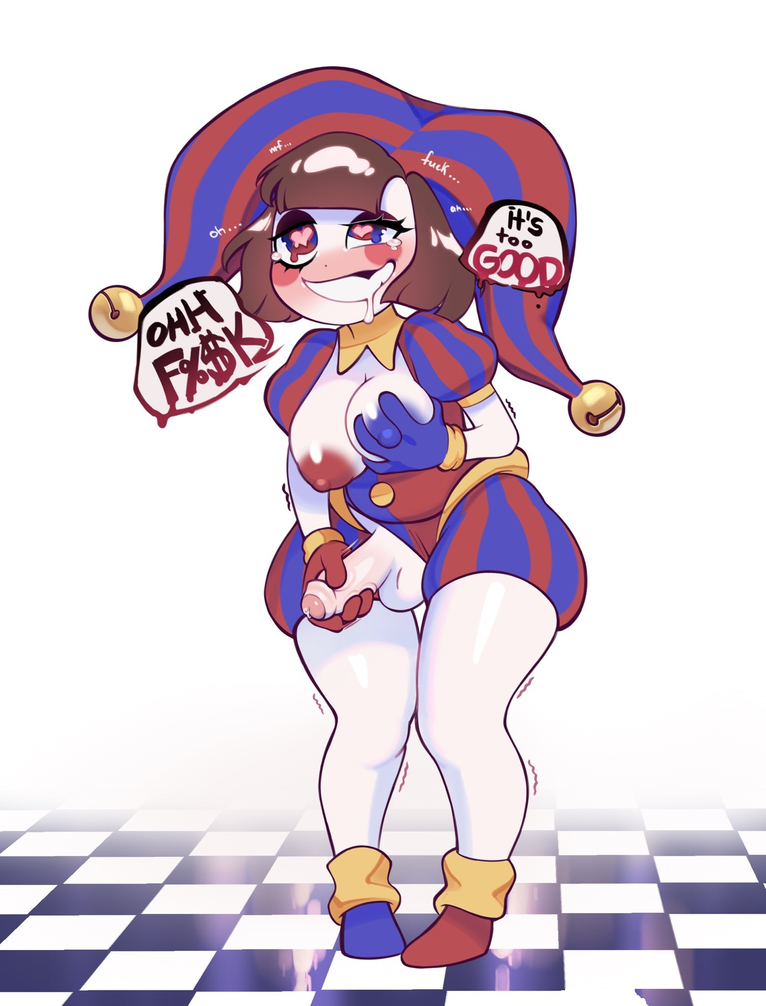 1futa, 1futanari, blush, breast grab, breasts, cakeofclouds, embarrassed, excited, futa only, futanari, glitch productions, masturbating, masturbating cuck, masturbating futa, masturbation, penis, penis grab, penis out, pomni, pomni (the amazing digital circus), smiling, testicles, the amazing digital circus, voluptuous futa