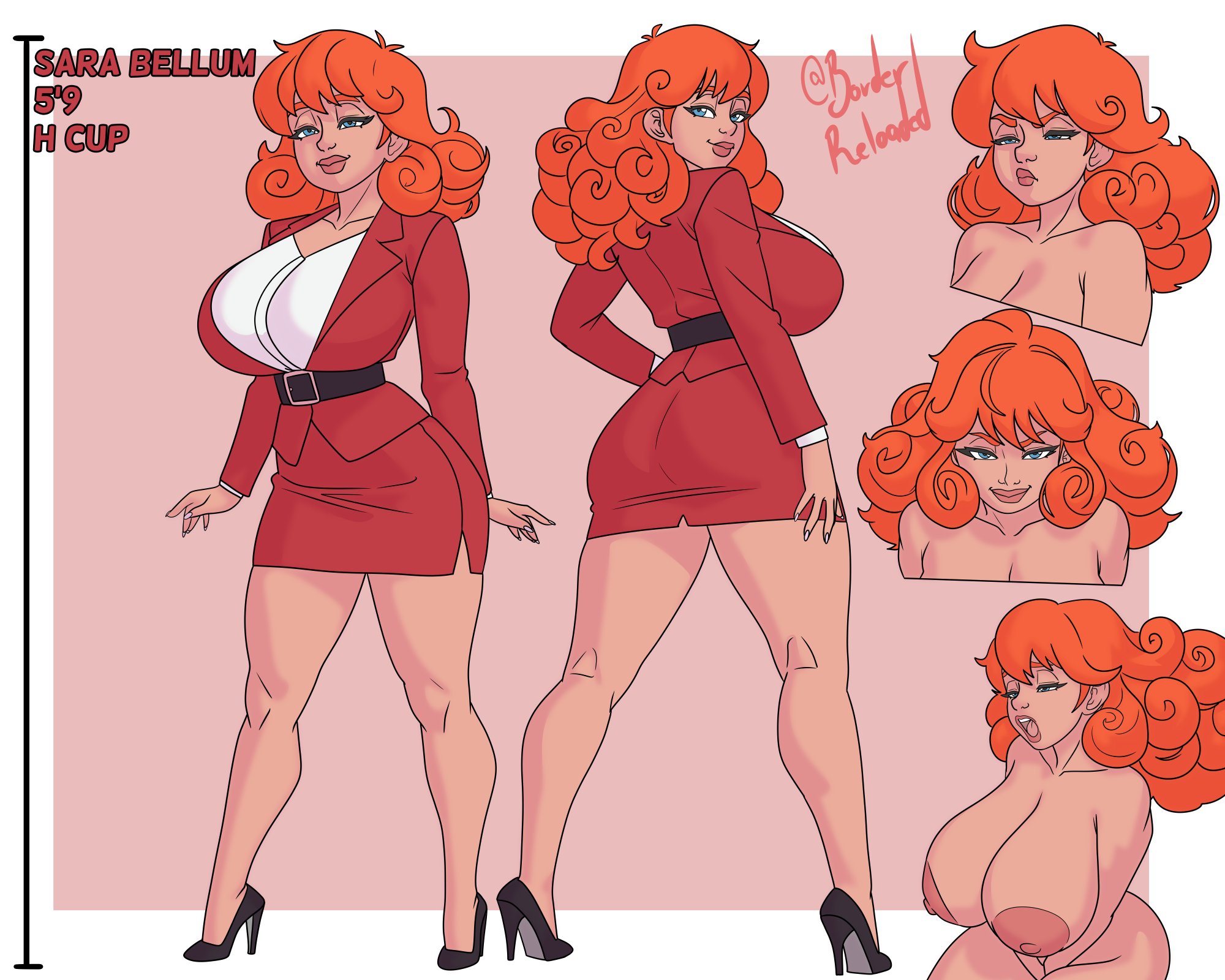 1girls, 2d, areolae, artist name, border, borderreloaded, breasts, busty, cartoon network, character sheet, clothed, female, female focus, female only, hanna-barbera, high heels, hourglass figure, huge breasts, human, large areolae, long hair, looking at viewer, looking back, looking back at viewer, multiple views, nipples, nude, outside border, powerpuff girls, red hair, red skirt, sara bellum, simple background, skirt, tagme, tan, tan body, tan skin, text, white border, wide hips