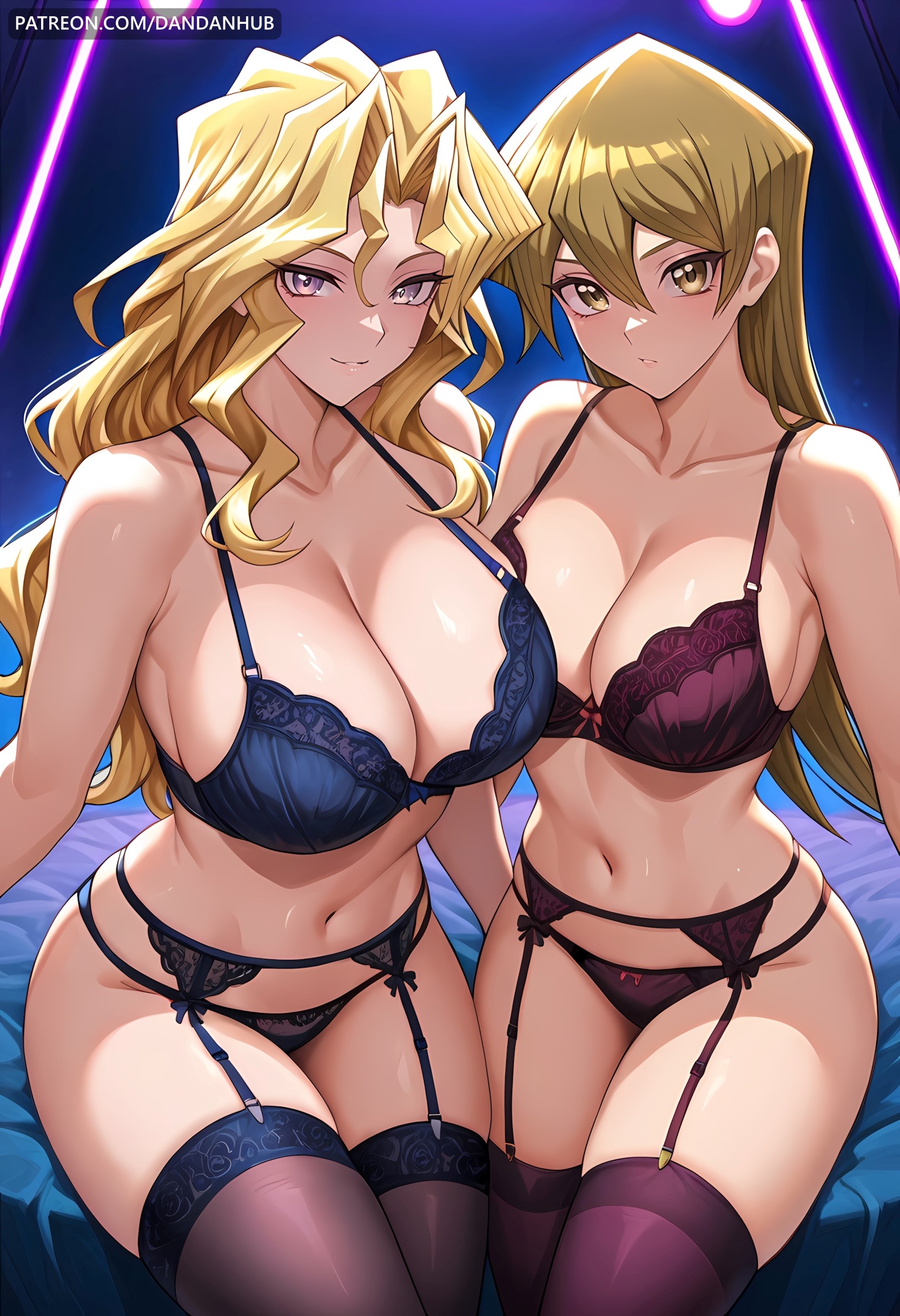 2girls, ai generated, alexis rhodes, bangs, bare shoulders, black bra, black panties, blonde hair, blue bra, blue panties, blush, bra, breasts, brown eyes, cleavage, closed mouth, collarbone, dandanhub, female, female only, garter belt, hair between eyes, kujaku mai, large breasts, lingerie, long hair, looking at viewer, mai valentine, multiple girls, navel, panties, purple eyes, sitting, smile, tenjouin asuka, thighhighs, thighs, underwear, underwear only, yellow eyes, yu-gi-oh!