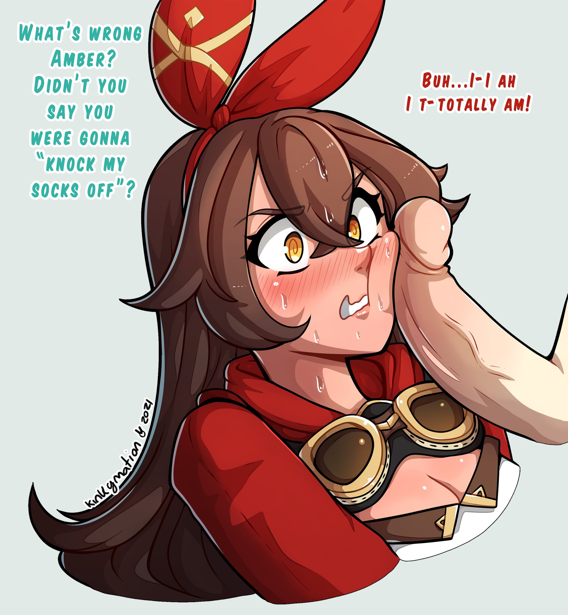 1boy, 1girls, aether (genshin impact), amber (genshin impact), big penis, blush, brown hair, cleavage, dialogue, english text, female, fringe, genshin impact, imminent deepthroat, imminent oral, kinkymation, light skin, light-skinned male, long hair, male, mihoyo, nervous, nervous sweat, no background, oral, penis, penis on face, teenager, text, worried, yellow eyes
