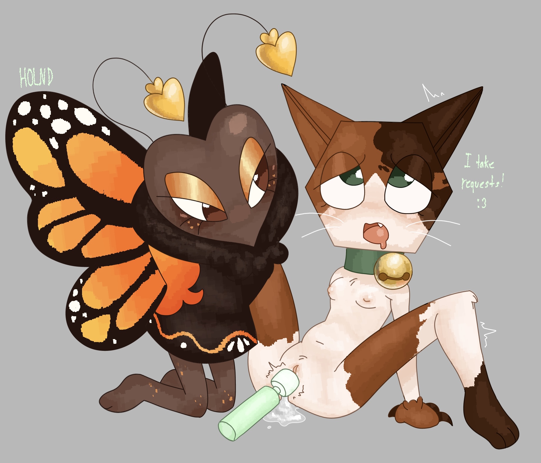 2girls, bell collar, calico, calico cat, calico pattern, cat bell, cat collar, crafty calico scraps, dandy's world, dandys world, flutter (dandy's world), holnd, legs apart, legs spread, monarch butterfly, scraps (dandy's world), vibrator, vibrator on pussy, vibrator torture, vivid monarch flutter, wand vibrator